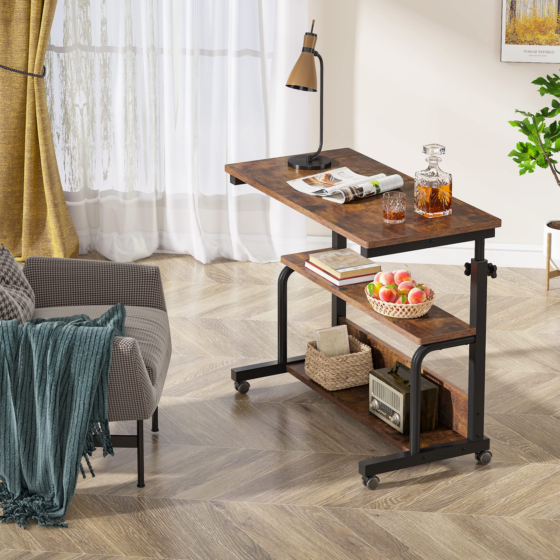 Tribesigns Adjustable Height C-Shaped Laptop Table for Couch & Bed - Portable Standing Desk with Wheels, Mobile Side Table for Home Office, Gaming, Reading & Snacking (Brown)