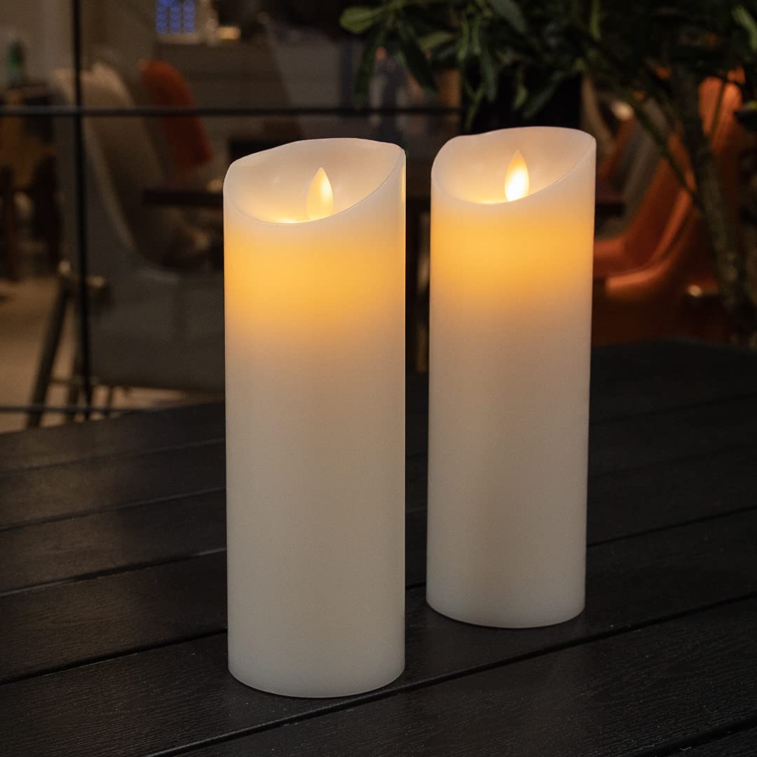 Restaurantware 3 x 8.7 Inch Flameless LED Pillar Candles - 10 Pack Programmable Dancing Flame, Real Wax Battery Operated Candles for Weddings, Parties & Home Decor (White, Remote Sold Separately) - Perfect for Centerpieces, Romantic Dinners & Holiday Decorations