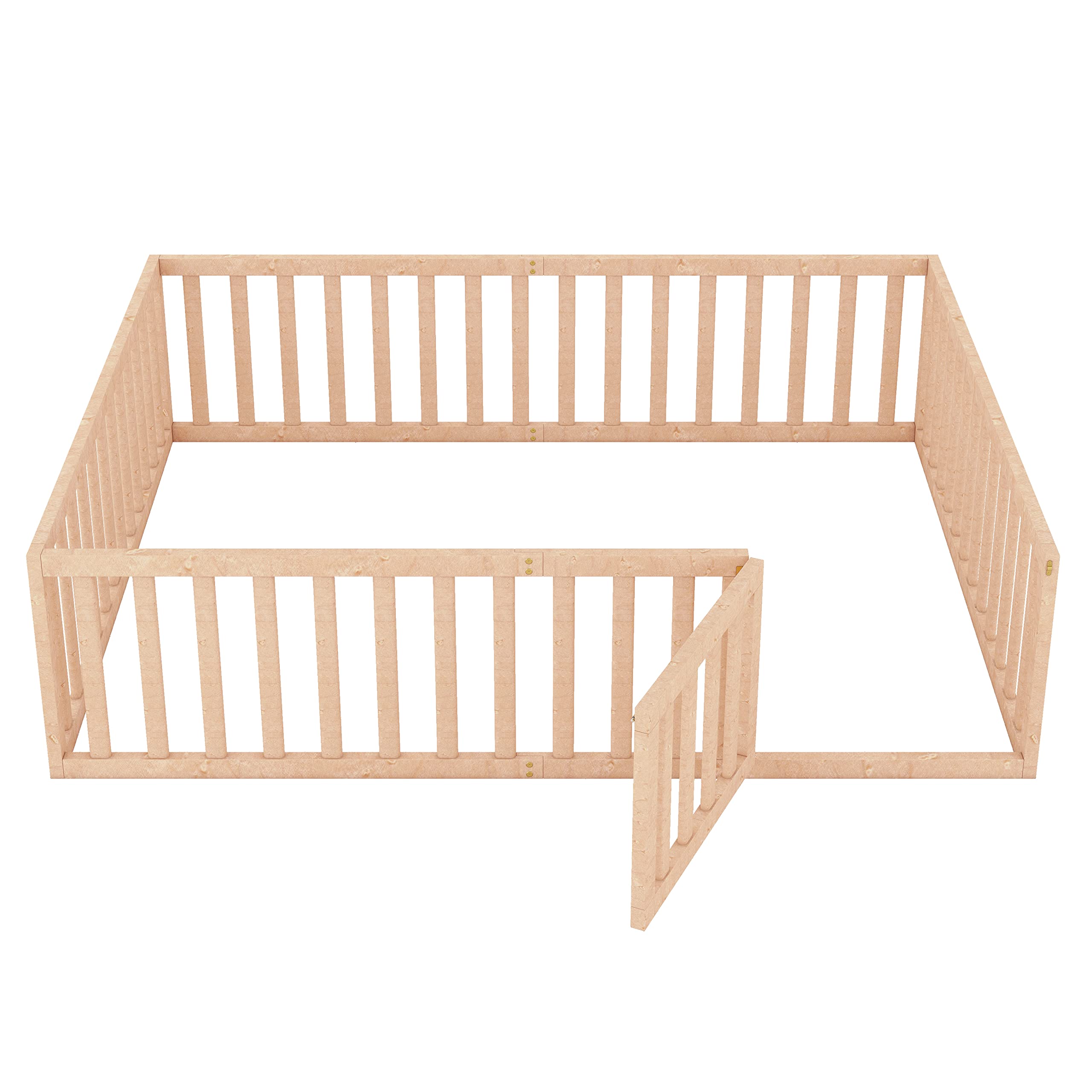 LZ LEISURE ZONE Solid Wood Queen Size Platform Bed Frame with Fence & Door - Sturdy Daybed for Bedroom, Guest Room, or Dorm - Natural Wood Finish