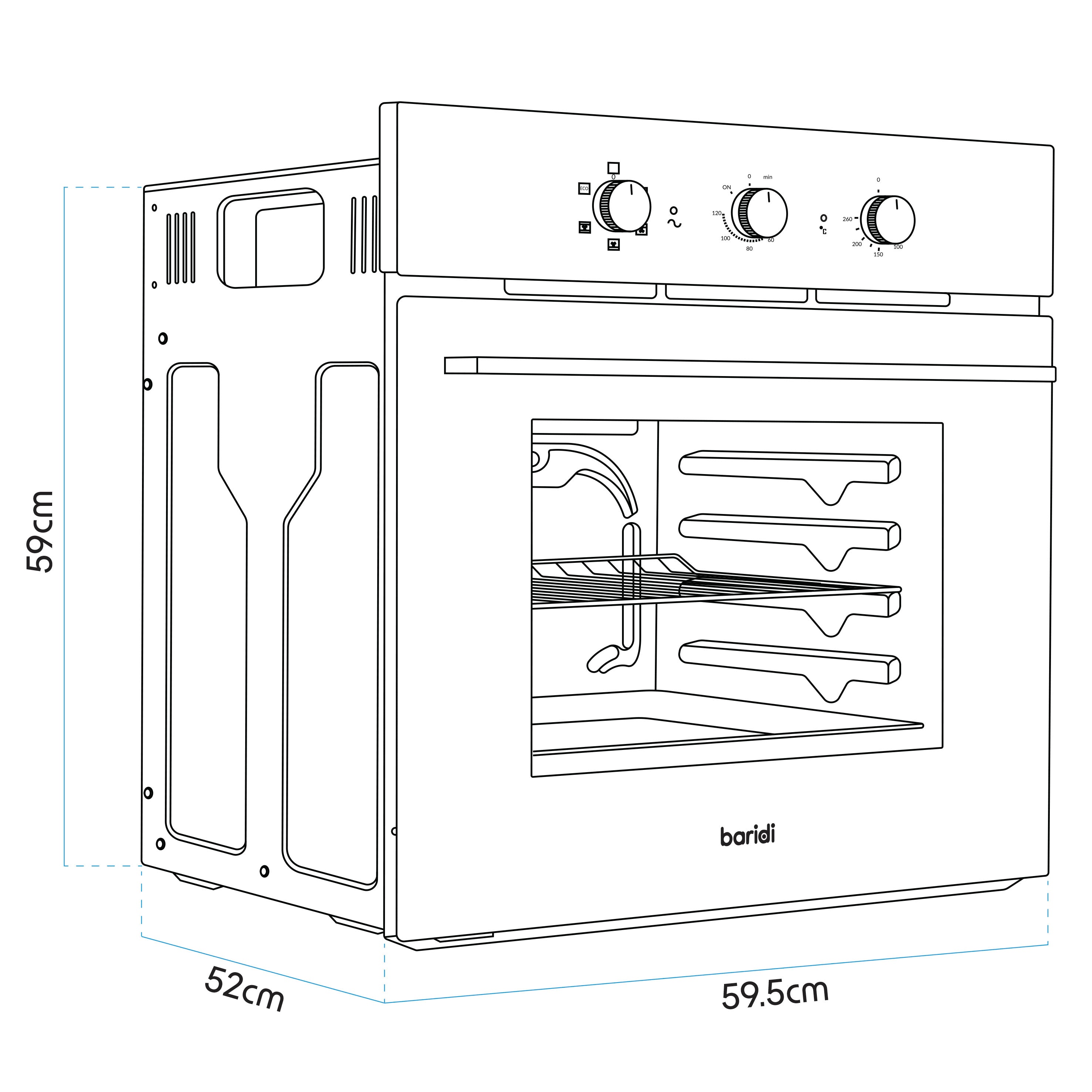 Baridi 60cm Built-In 5 Function Fan Assisted Electric Oven with Timer - 55L Capacity, Black (DH110) - Perfect for Baking, Roasting & Grilling in Modern Kitchens