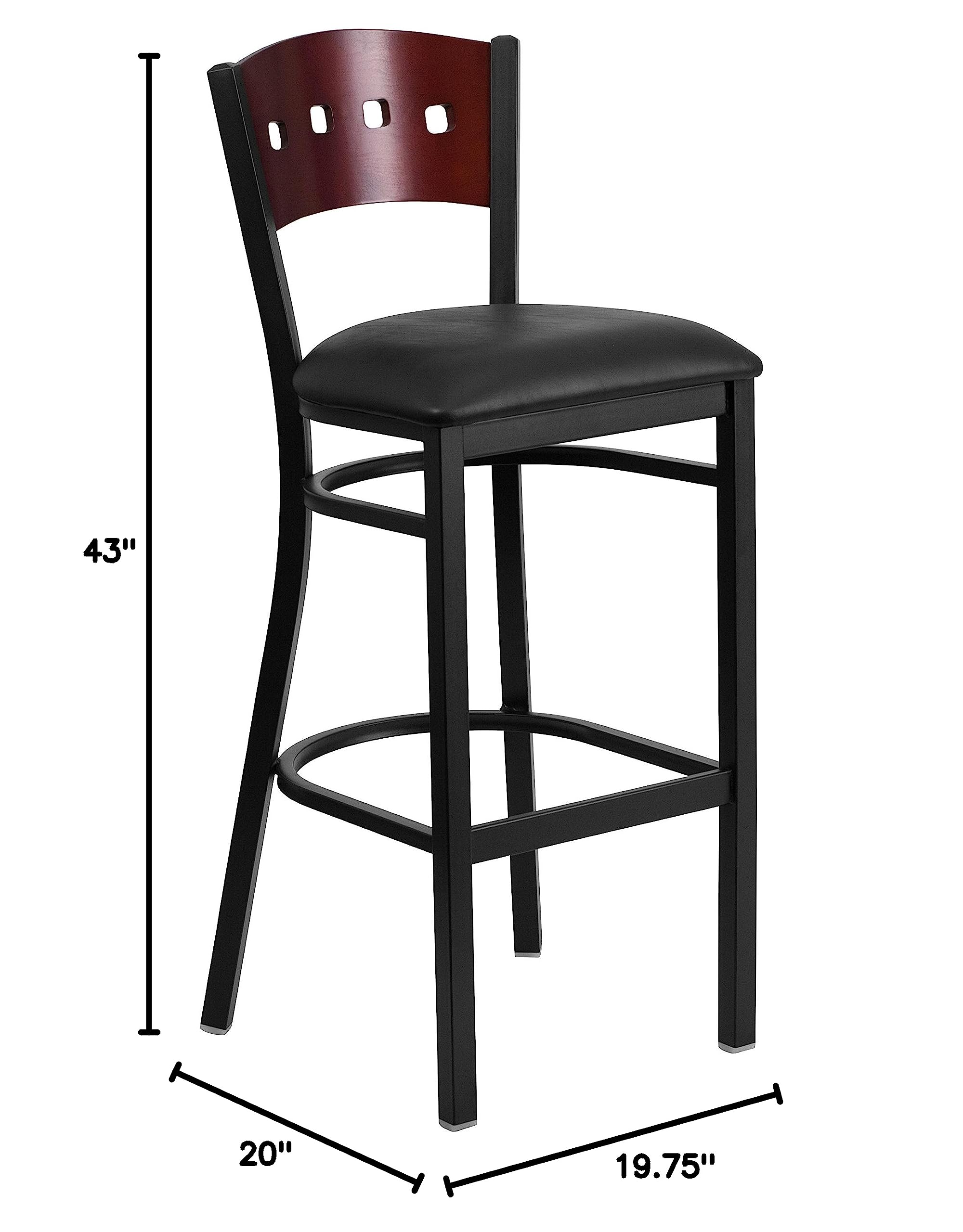 Black Metal 4 Square Back Barstool with Wood Back & Black Vinyl Seat - Modern Kitchen Island, Breakfast Bar & Home Pub Stool for Dining & Entertaining