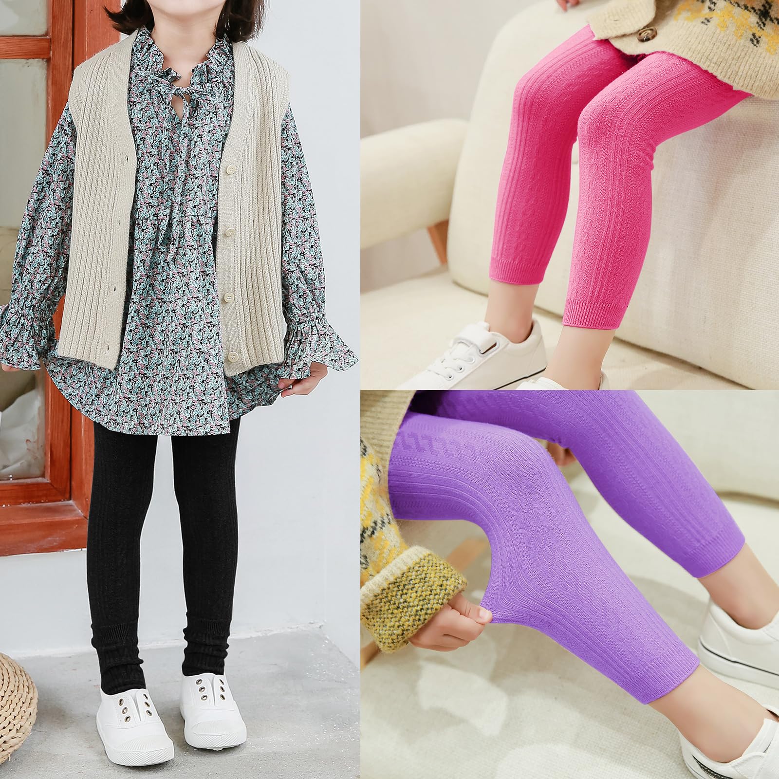 BOOPH 4 Pairs Girls Leggings with Socks Set - Soft Knit Footless Tights & Stockings for Toddler and Kids - Perfect for School, Playtime and Winter Outfits