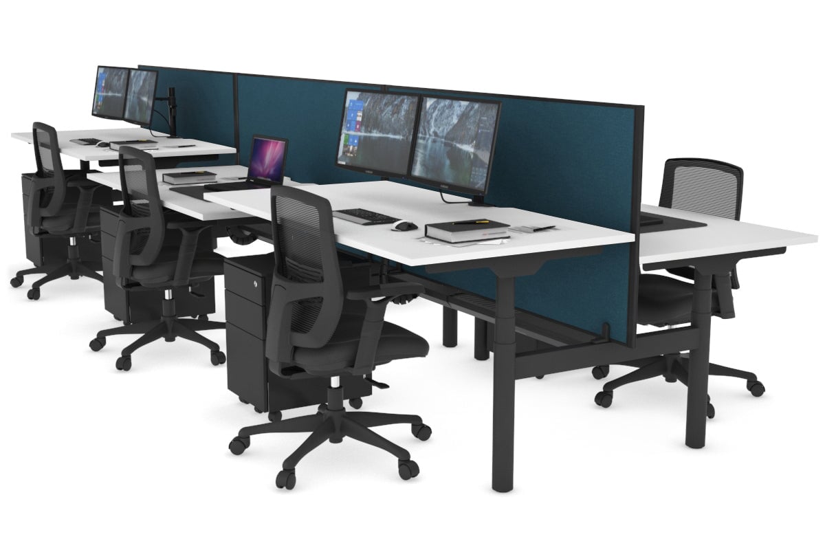 Flexi Premium Height Adjustable 6-Person H Bench Workstation - Black Frame [1600L x 800W with Cable Management] - Ideal for Office, Coworking Spaces & Home Offices