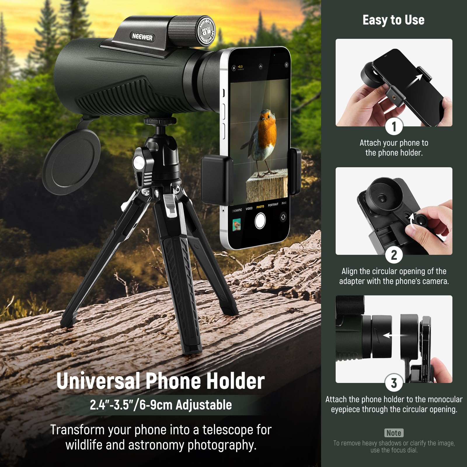 NEEWER 12x50 ED Monocular Telescope with Phone Adapter, Metal Tripod & Carrying Case - IPX7 Waterproof, Fogproof, Shockproof - SMC BAK-4 Prism for Smartphone Digiscoping - Perfect for Bird Watching, Hunting, Camping, Hiking & Stargazing