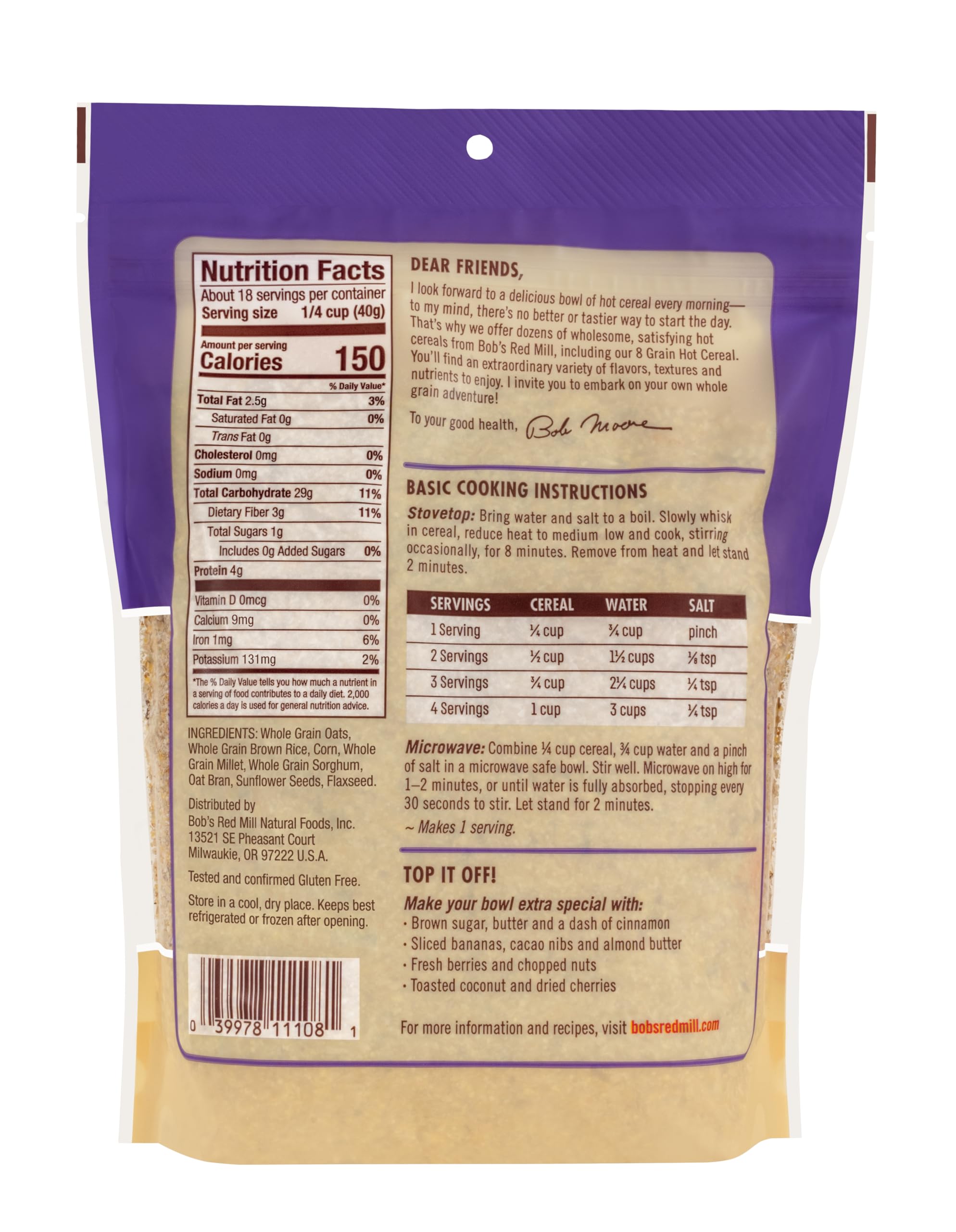 Bob's Red Mill Gluten Free 8 Grain Hot Cereal - 25 oz Pack of 4 | Whole Grain Breakfast Cereal for Healthy Diet | Perfect for Quick Morning Meals & Vegan Recipes