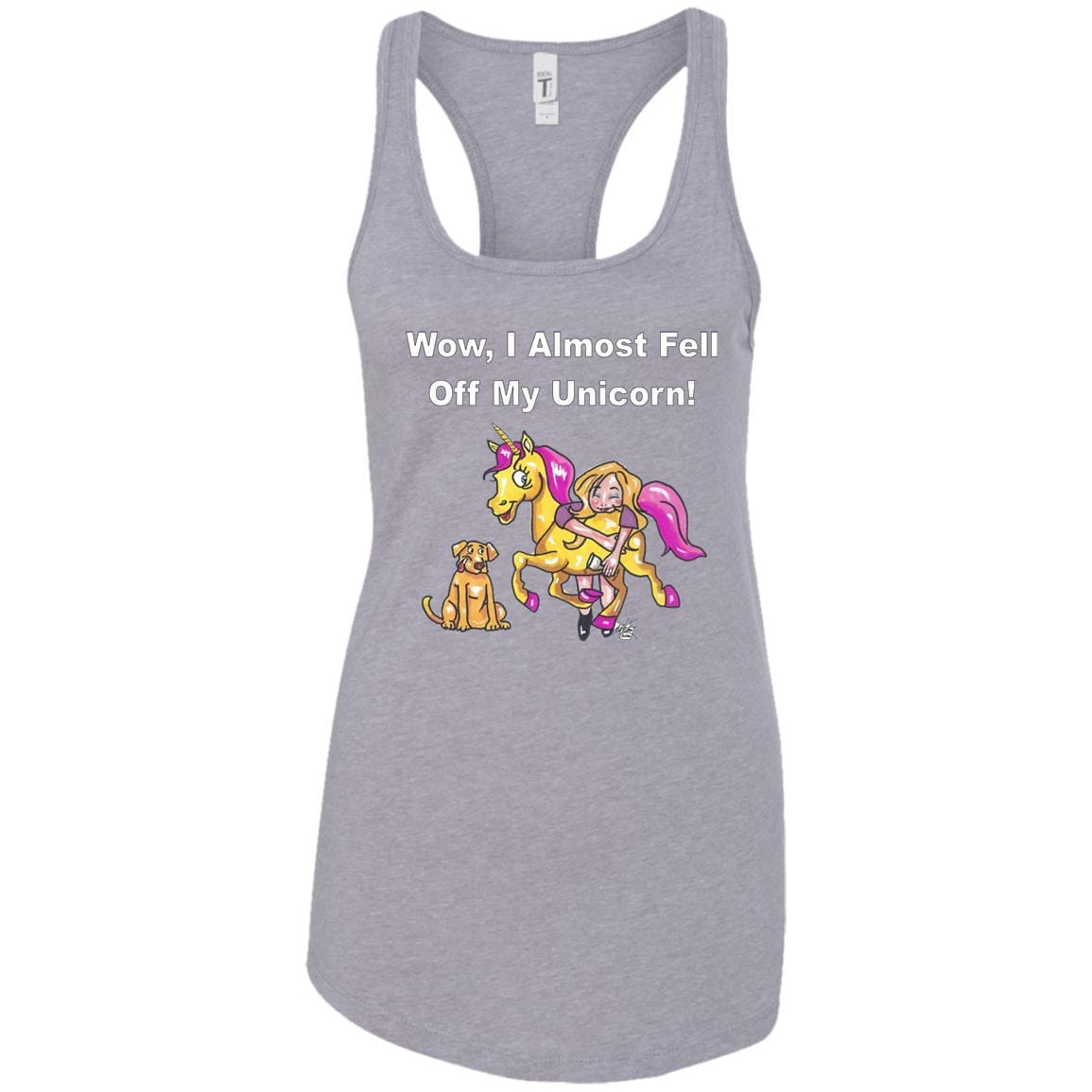 Wow, I Almost Fell Off My Unicorn Funny Women's Racerback Tank Top with White Lettering - Perfect for Girls Night Out, Bachelorette Parties & Festival Outfits