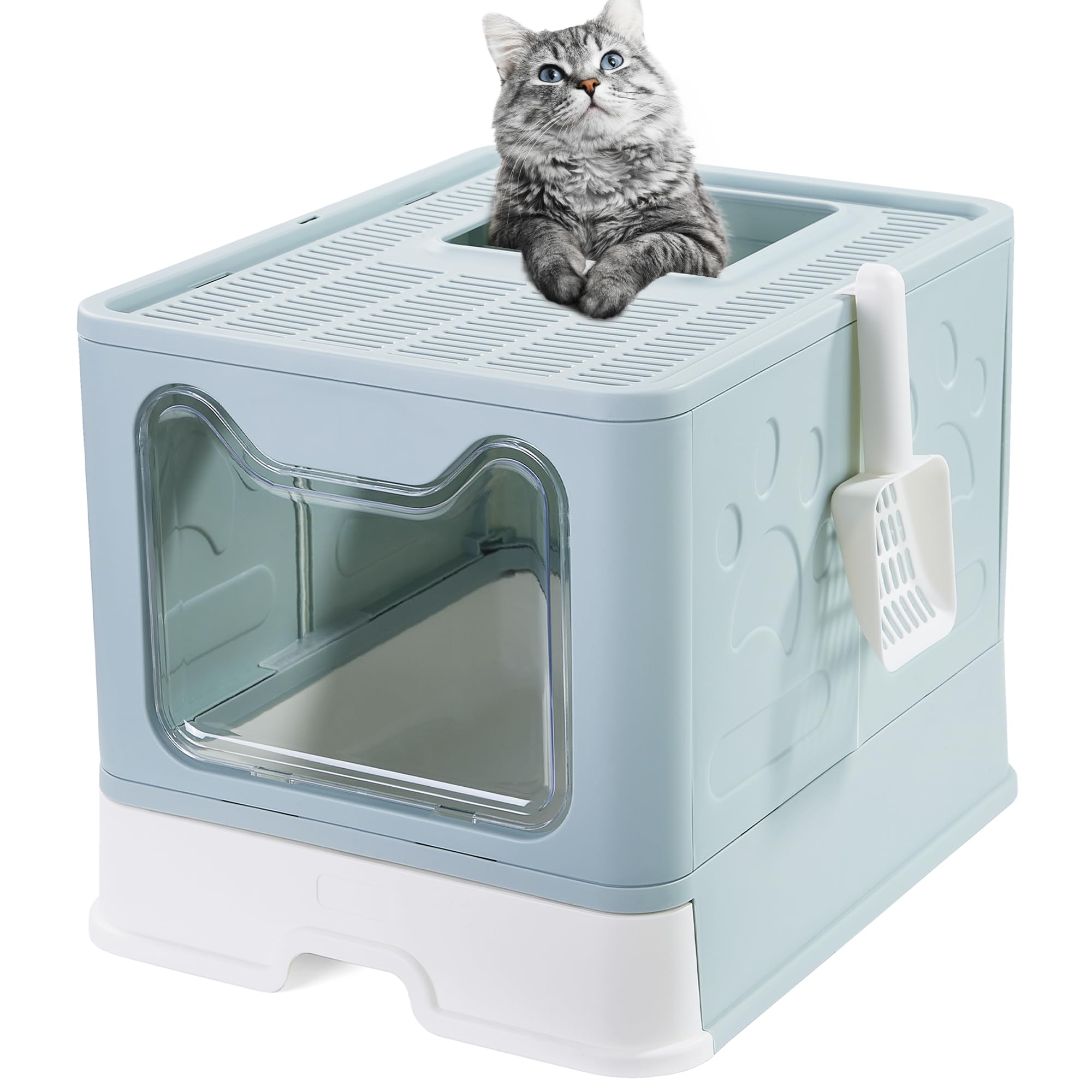 Gefryco Large Covered Cat Litter Box with Sifting Lid - High-Sided Enclosed Litter Pan for Medium & Big Cats - Includes Scoop & Drawer - Front Entry Top Exit Design (Blue) - Perfect for Odor Control & Multi-Cat Households