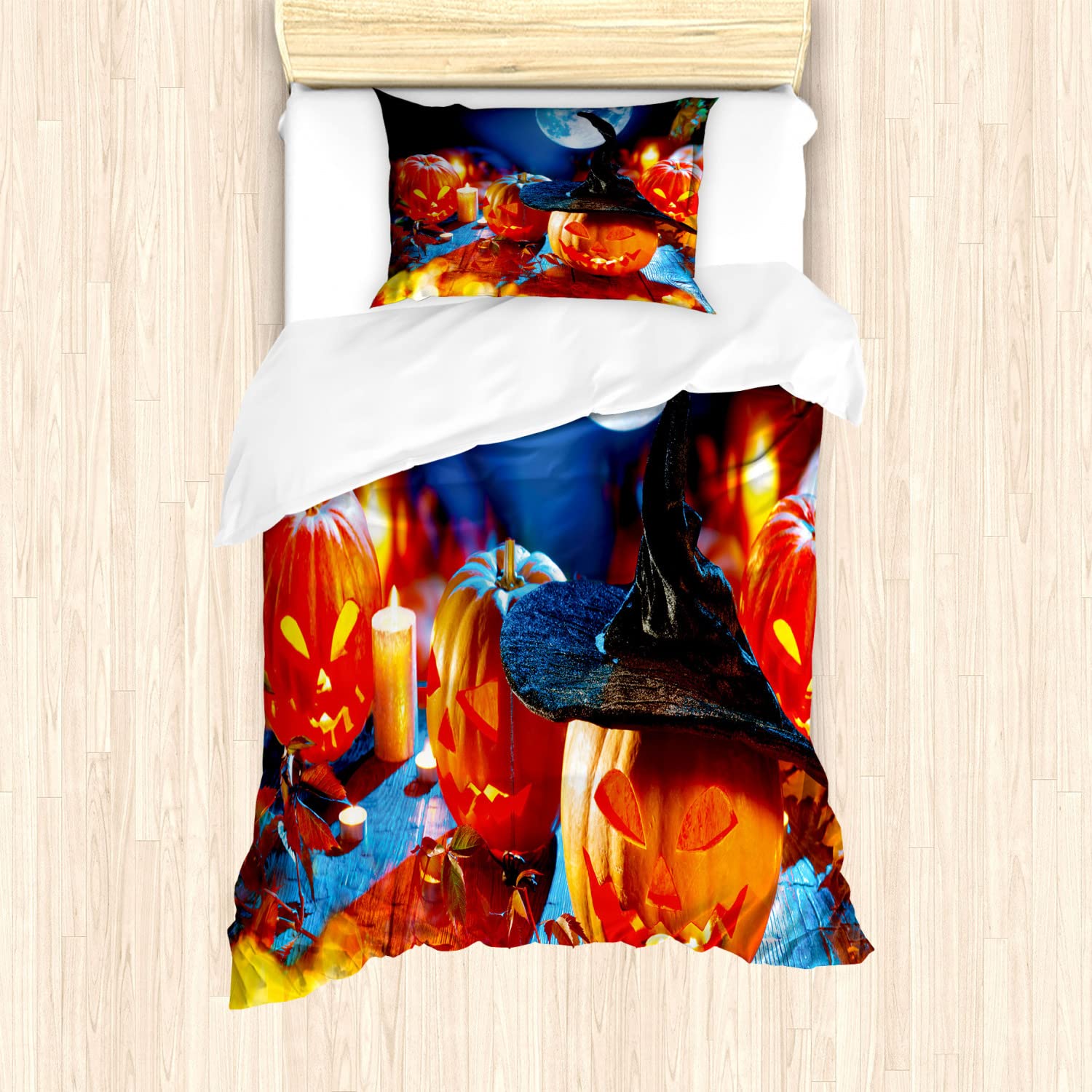 Ambesonne Halloween Duvet Cover Set - Scary Pumpkin & Candle Design with Full Moon - 2-Pack California King Size Bedding (2 Duvet Covers + 4 Pillowcases) in Burnt Orange & Night Blue - Spooky Bedroom Decor for Halloween Party & Themed Room