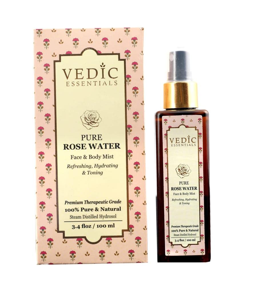VEDICESSENTIALS Pure Rose Water (Gulab Jal) - 100ml Hydrating & Toning Face & Body Mist for Glowing Skin | Refreshing Floral Toner for Daily Skincare, Makeup Setting & Summer Cooling