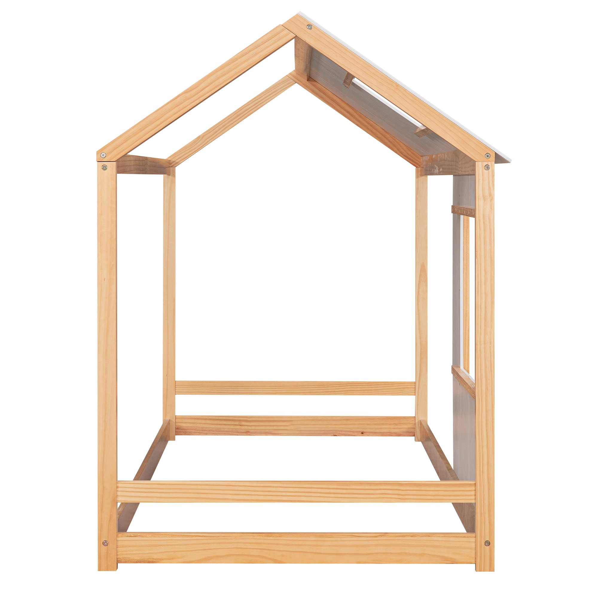 Wooden Twin House Bed Frame with Roof and Window for Kids - Twin Size Floor Bed in Natural & Antique White - Perfect for Boys & Girls Bedrooms, Playrooms, and Cozy Sleepovers