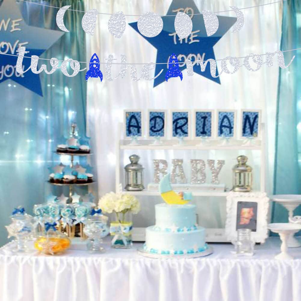 Two the Moon Birthday Decorations - Silver Glitter Party Banner for Outer Space, Galaxy, Astronaut & Space Man Theme | Perfect for Baby Boy's 2nd Birthday Party, Robot UFO Themed Celebrations & Cosmic Nursery Decor