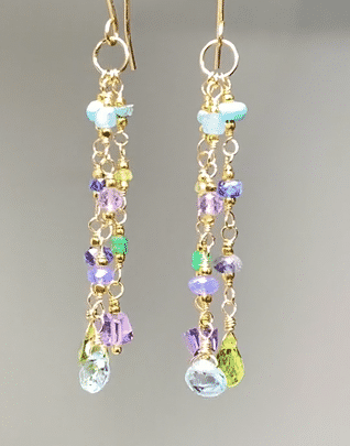 Peridot, Blue Topaz & Amethyst Multi-Gemstone Gold Dangle Earrings for Women - Elegant Statement Jewelry for Parties, Weddings & Special Occasions