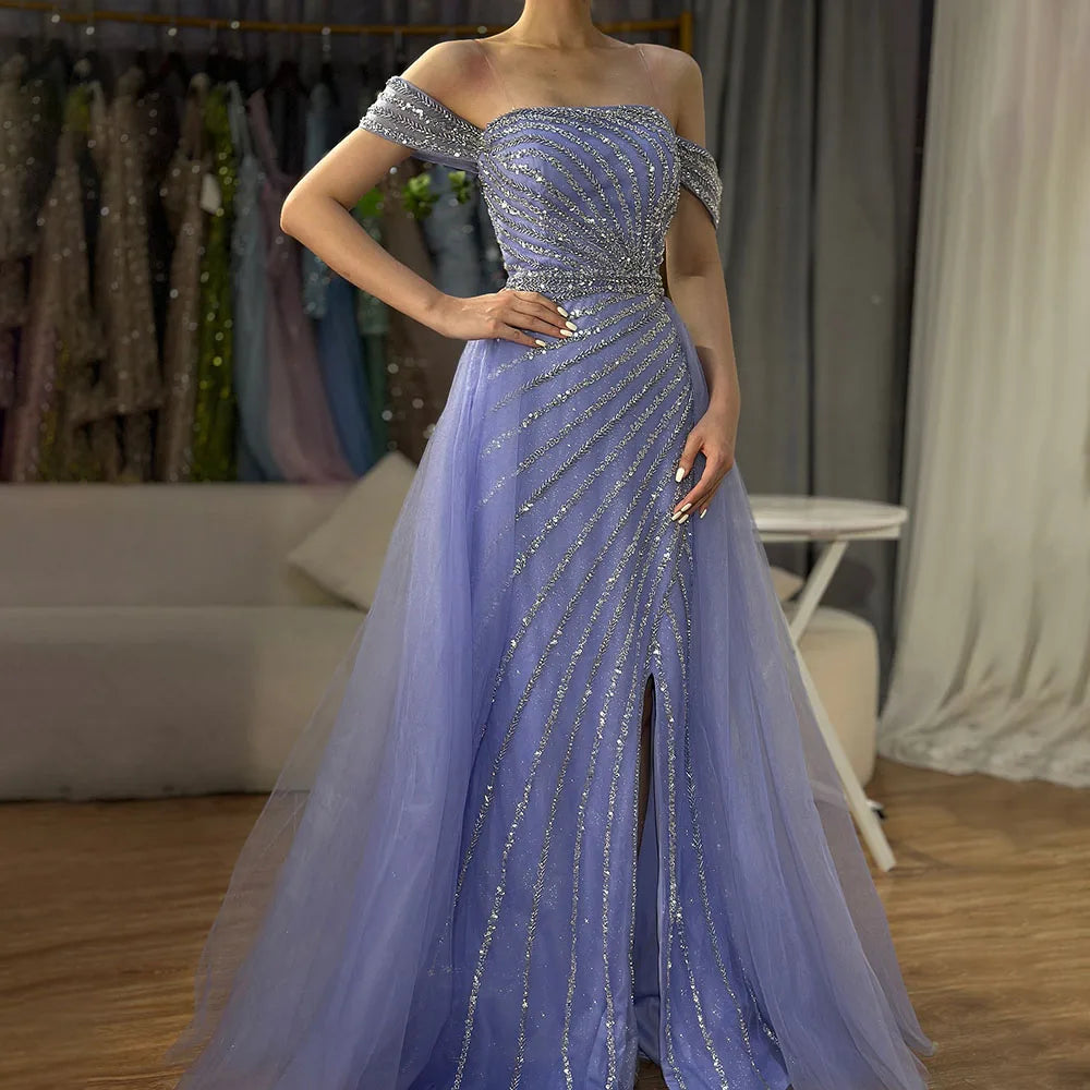 Serene Hill Blue Sexy Boat Neck Split Mermaid Elegant Beaded Arabic Evening Dress Gown for Women - Perfect for Wedding Parties, Prom Nights & Special Occasions 2025 LA71858