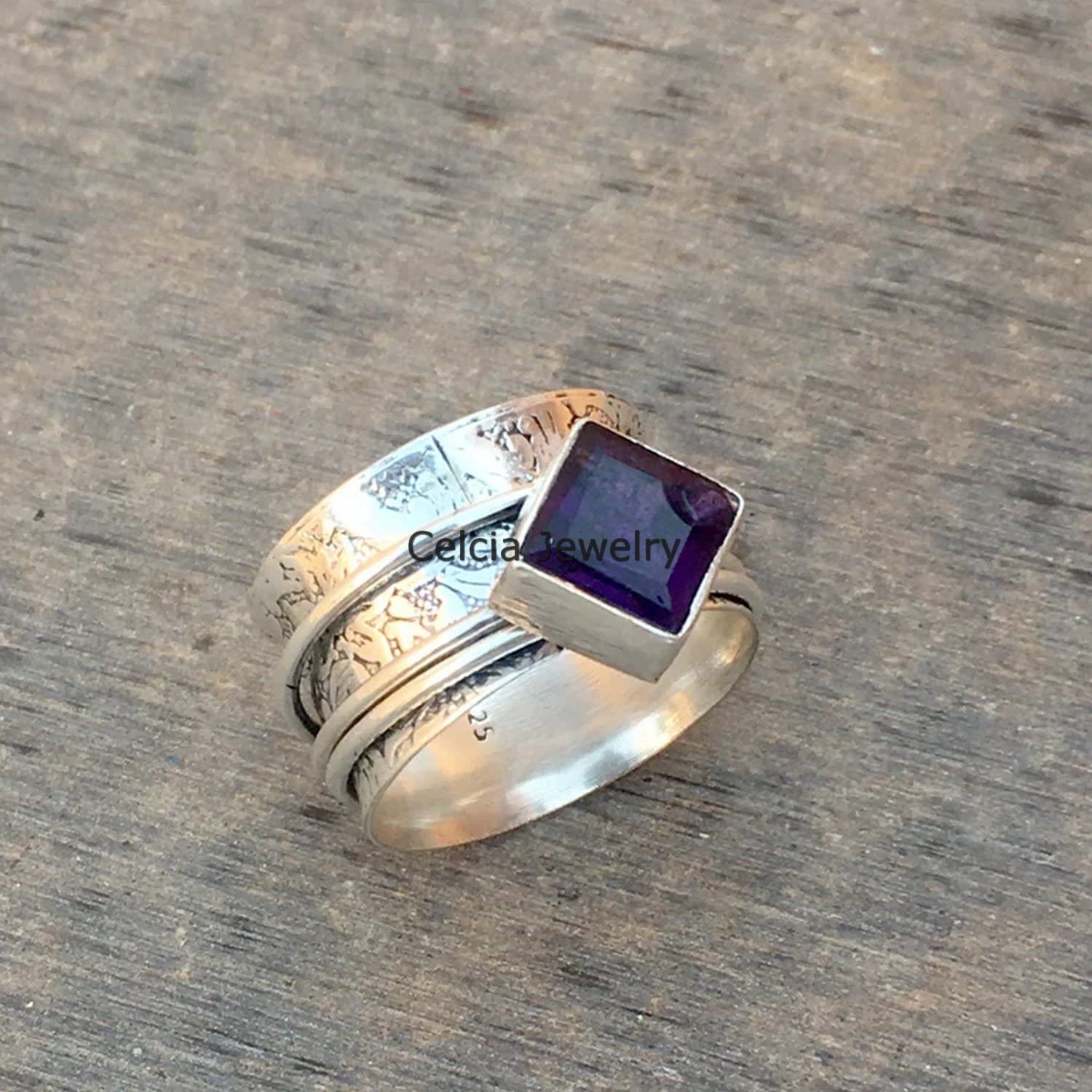 Natural Amethyst Unisex Ring - Faceted Square Spinner Ring for Stress Relief & Meditation, February Birthstone Jewelry, Anniversary & Mother's Day Gift (Size 7) - Perfect for Anxiety Relief, Mindfulness Practice & Stylish Everyday Wear