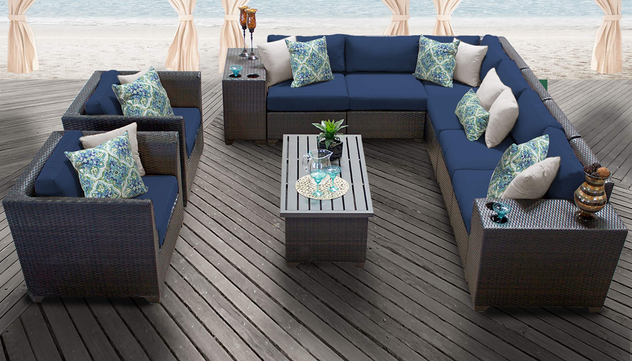 TK Classics BARBADOS-11d-NAVY 11-Piece Outdoor Wicker Patio Furniture Set in Navy Blue - Perfect for Poolside, Garden, and Backyard Relaxation