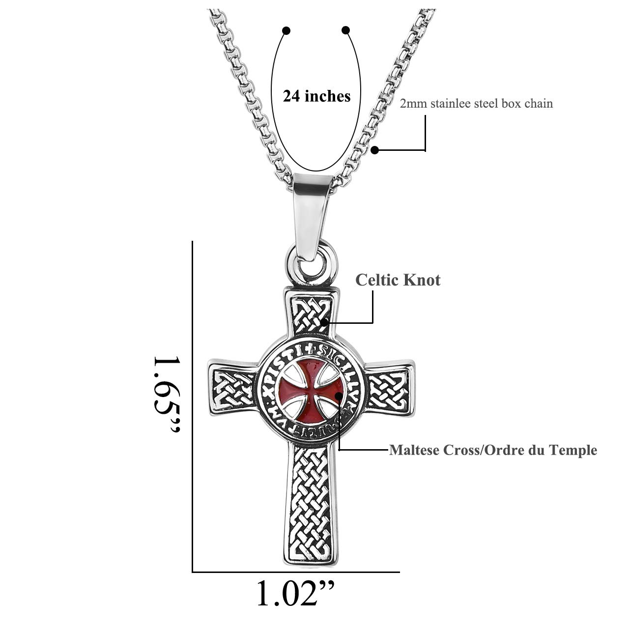 Zysta Stainless Steel Knights Templar Cross Pendant Necklace for Women & Men - 24 Inch Chain Link - Durable Religious Jewelry for Everyday Wear, Gifts & Medieval Style Fashion