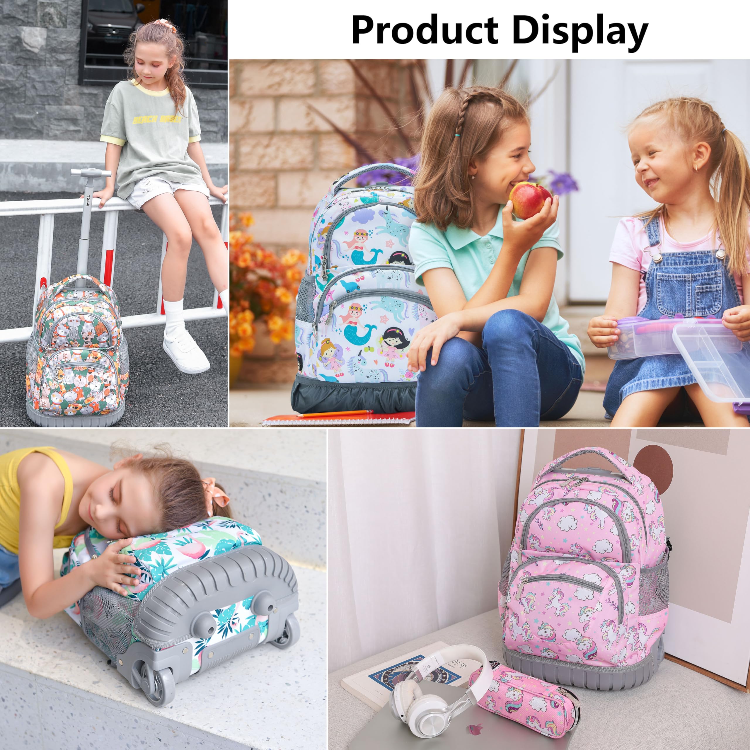 TILAMI 16 Inch Rolling Backpack for Kids - Adjustable Wheeled Laptop Backpack for Boys & Girls, School, Travel, Camping - Rainbow Unicorn Design | Perfect for Daily Commute, Weekend Trips & Outdoor Adventures