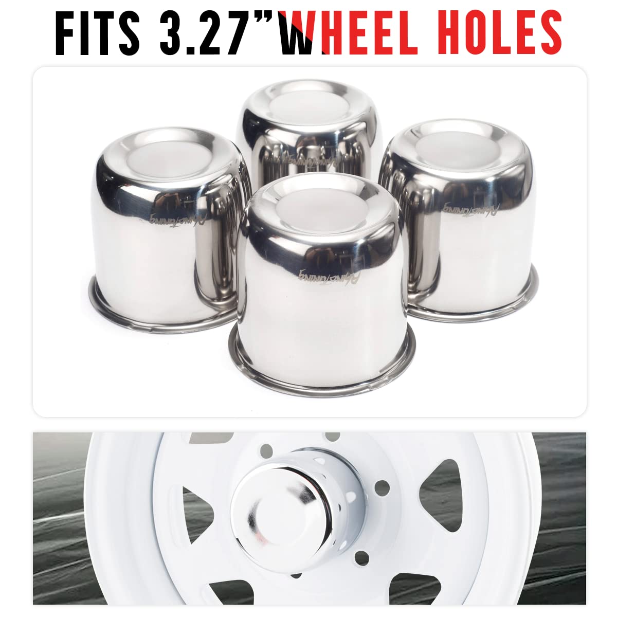 RTRHINOTUNING 3.27 Inch Wheel Center Caps - Stainless Steel Push Through Hub Covers for Truck & Trailer Wheel Rims (Set of 4) - Durable Replacement Accessories for Off-Road Vehicles & Commercial Trailers