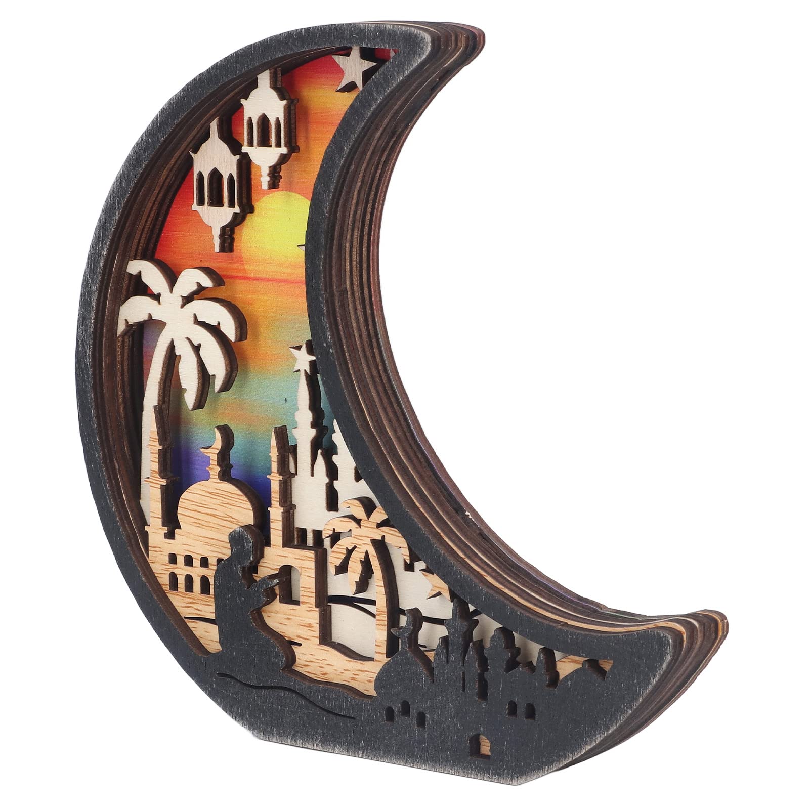 Ramadan Mubarak Decorative Lamp - Handcrafted Moon-Shaped Wooden Carving for Eid Decor | Beautiful Home, Bar & Bookshelf Decorations for Festive Celebrations