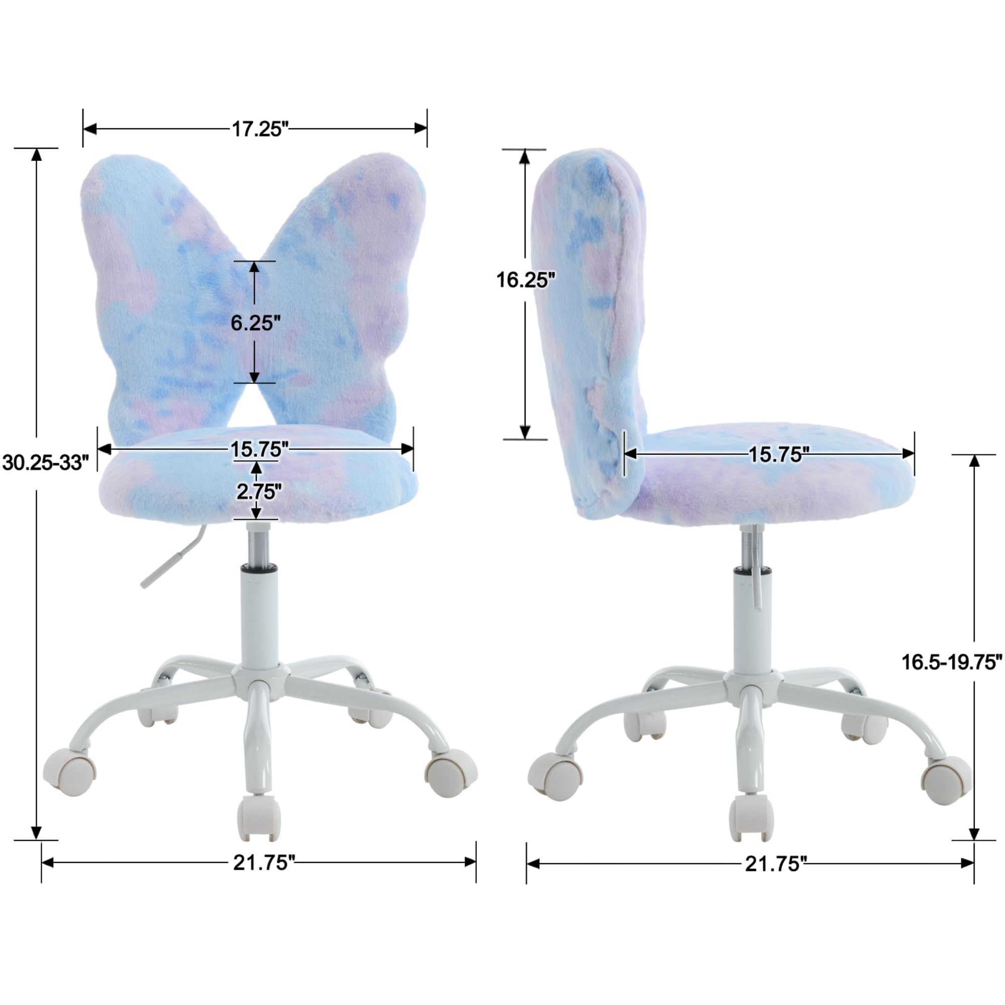Kmax Adjustable Kids Desk Chair with Wheels - Soft Faux Fur Swivel Office Chair for Children, Cute Butterfly Design, Perfect for Bedroom, Study Room & Reading Nook - Dreamy Blue