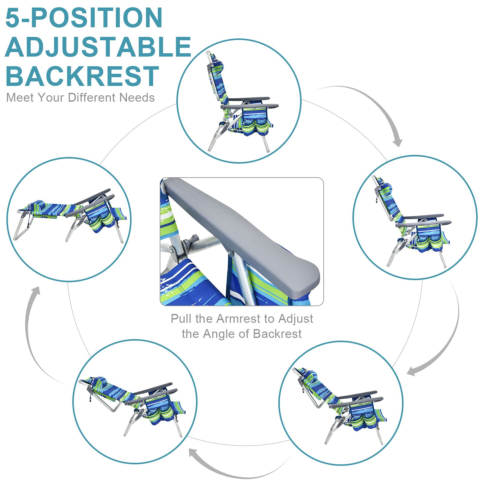 S AFSTAR 2-Pack Folding Beach Chair Set with Adjustable Aluminum Table - 5-Position Reclining Camping Chairs with Ice Bag & Comfort Pillow - Portable Backpack Beach Chairs for Outdoor, Picnic, Travel (Blue+Green)