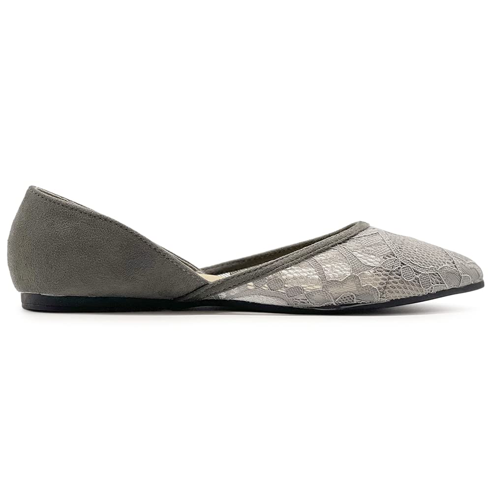 Ollio Women's Ballet Flats - Faux Suede Floral Lace Pointed Toe Shoes | Breathable Mesh Design for Comfort | Perfect for Work, Weddings & Casual Outfits