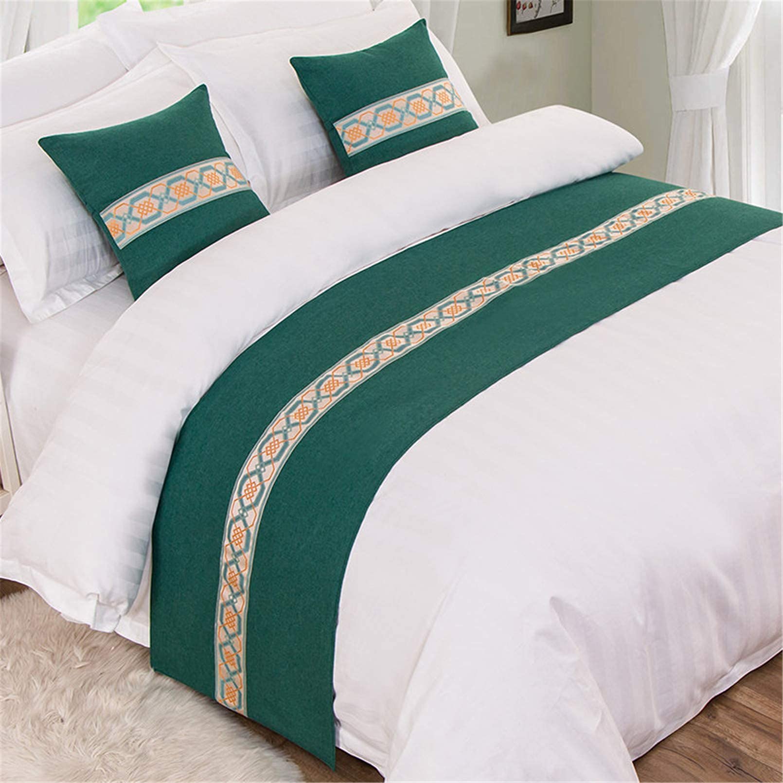 XJZKA Cotton Linen Bed Runner - Modern Decorative Soft Bedding Cover (50x240cm) for Queen/King Size Beds (180cm) - Green - Perfect for Bedroom & Hotel Decor