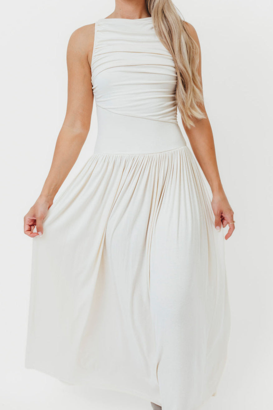 Leni Maxi Dress for Women - Elegant Cream Long Flowy Dress with Side Slits | Perfect for Summer, Beach, Weddings & Casual Outings