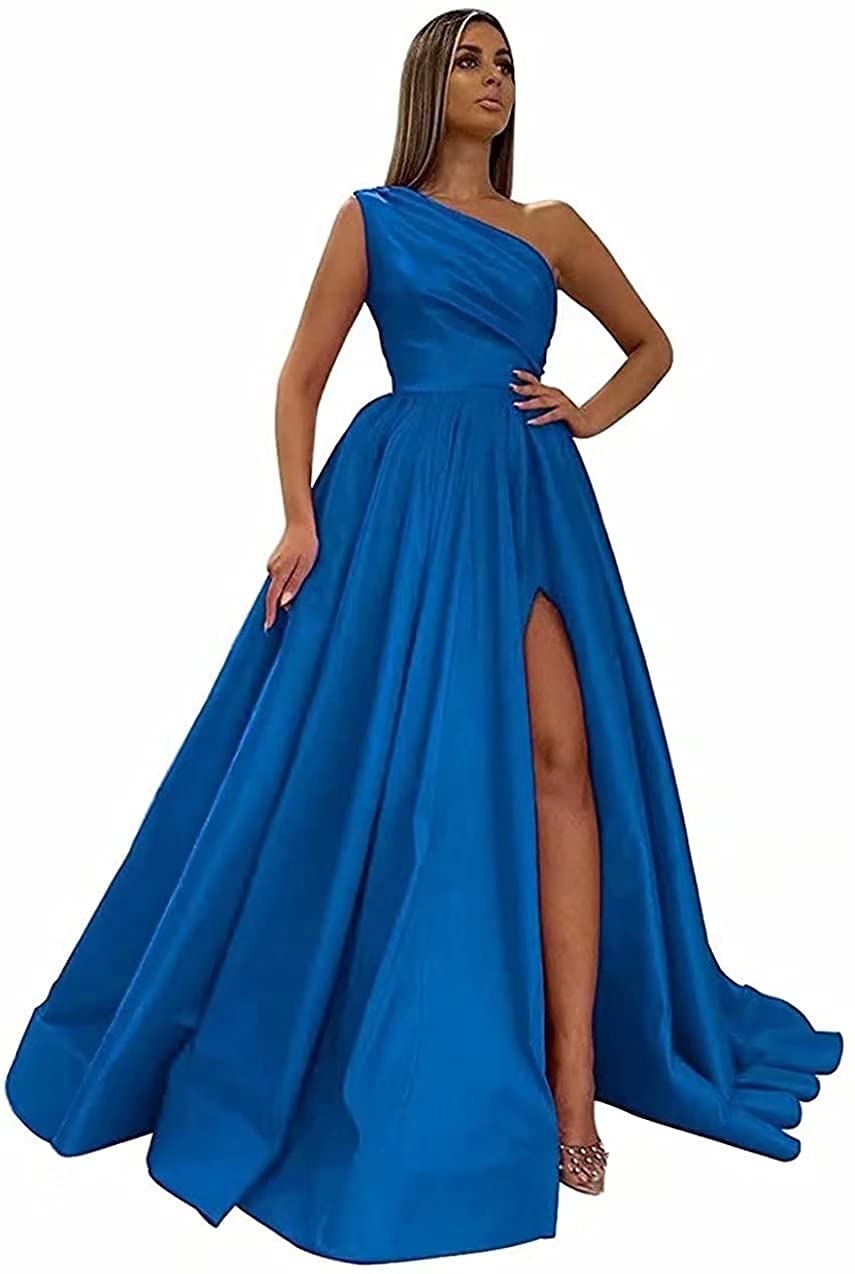 Elegant One Shoulder Bridesmaid Dress - Satin A-Line Prom Gown with High Slit for Women | Perfect for Weddings, Evening Parties & Formal Events