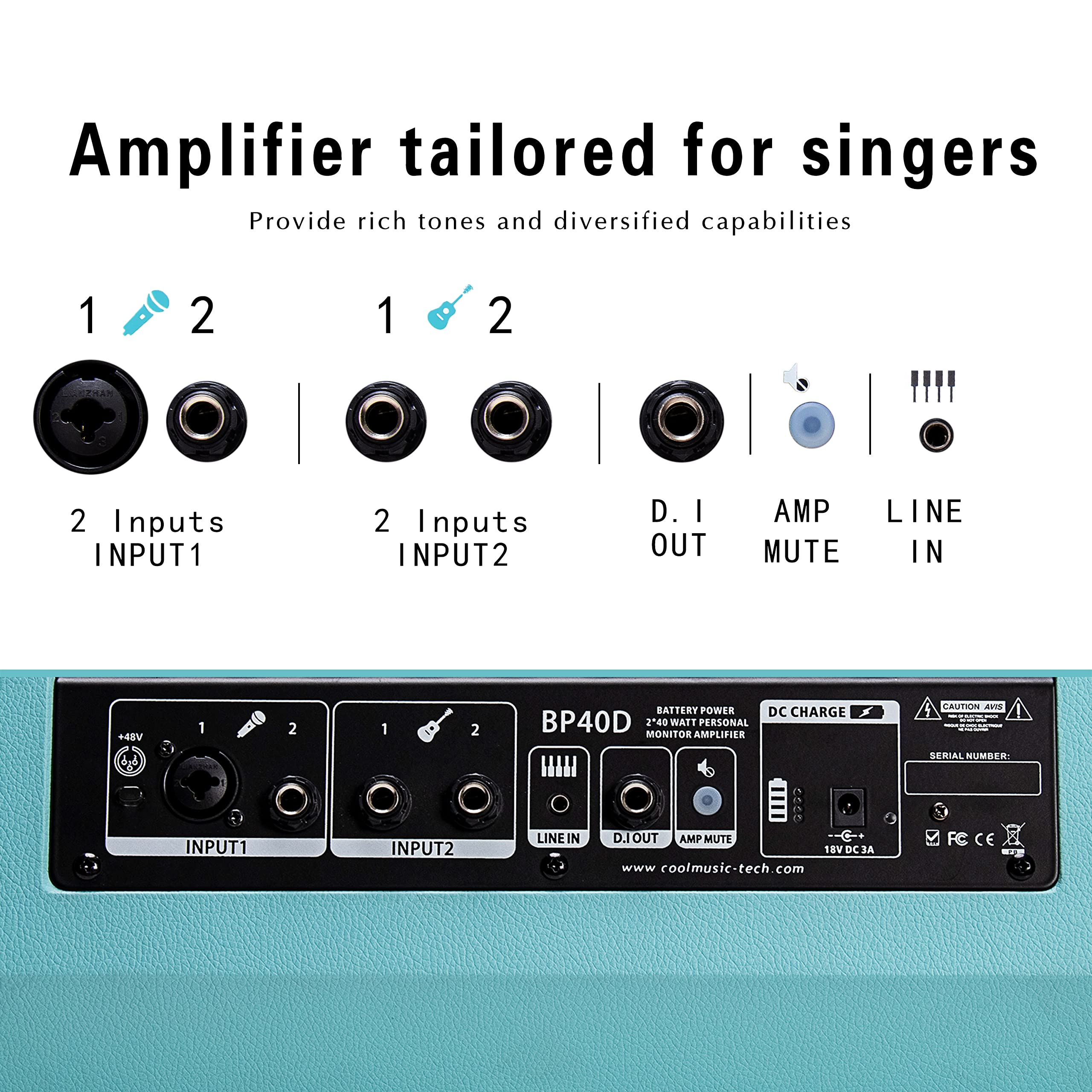 Coolmusic BP40D 80W Portable Bluetooth Acoustic Guitar Amplifier with Reverb, Chorus & Delay Effects - 6 Inputs, 3-Band EQ, Built-in Battery - Perfect for Outdoor Performances, Home Practice & Street Busking