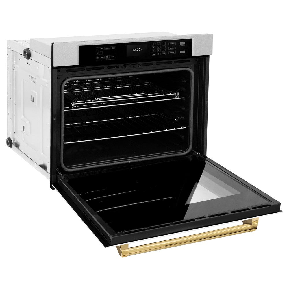 ZLINE 30 Inch Professional True Convection Single Wall Oven with Air Fry & Self-Clean - Satin Stainless Steel, White Matte Door & Polished Gold Handle (WASSZ WM 30 G) | Perfect for Home Chefs & Modern Kitchens | Baking, Roasting & Air Frying