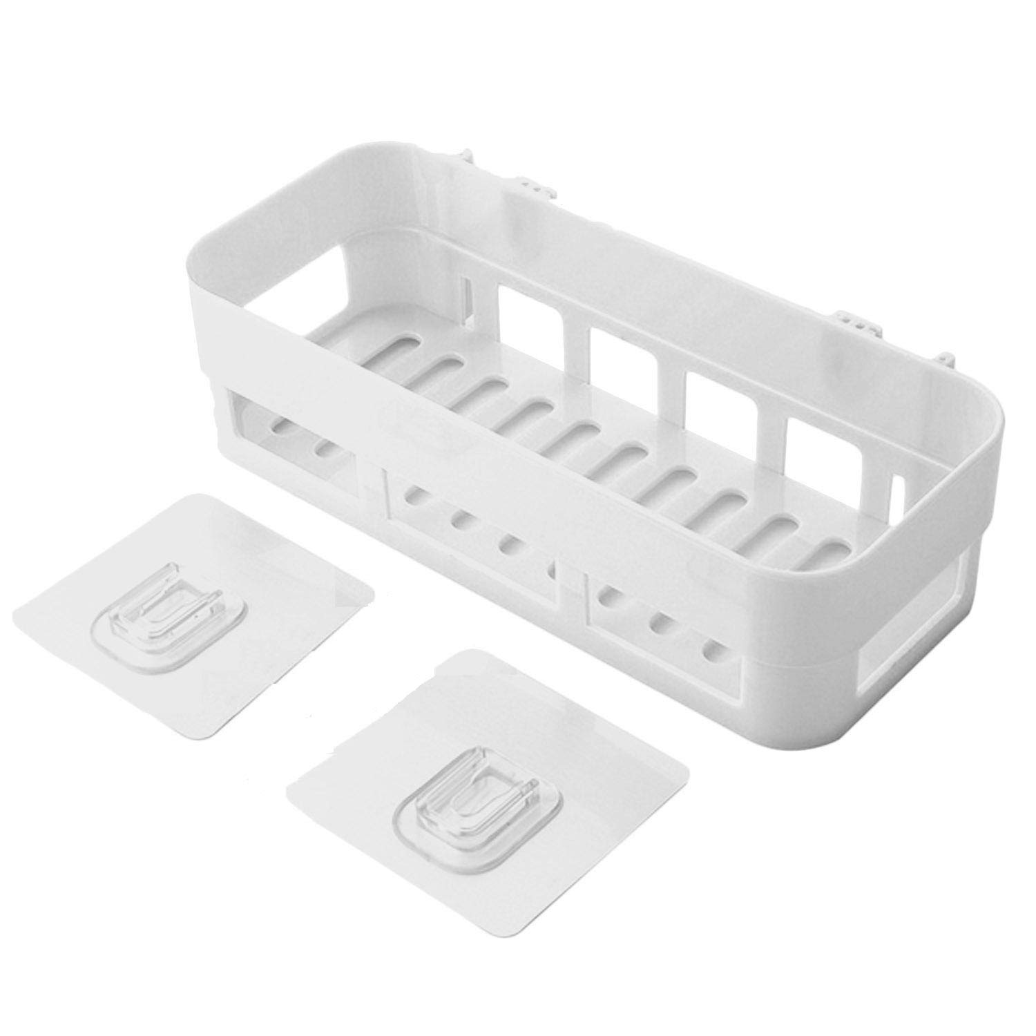 JEEJEX Self-Adhesive Wall Mount Storage Organizer - No Drill Plastic Shelf for Kitchen, Bathroom, Toilet & Desktop - White Rectangular Box (Perfect for Small Space Organization & Home Decor)