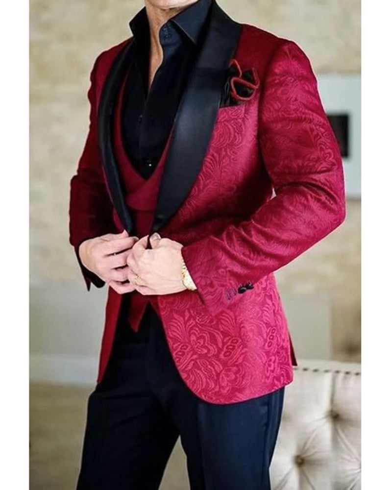Elegant Jacquard Burgundy Prom Party Tuxedo Suit 3-Piece Set (Jacket + Vest + Pants) for Men's Formal Dinner & Special Occasions - Perfect for Weddings, Graduations, and Black Tie Events - CB08013