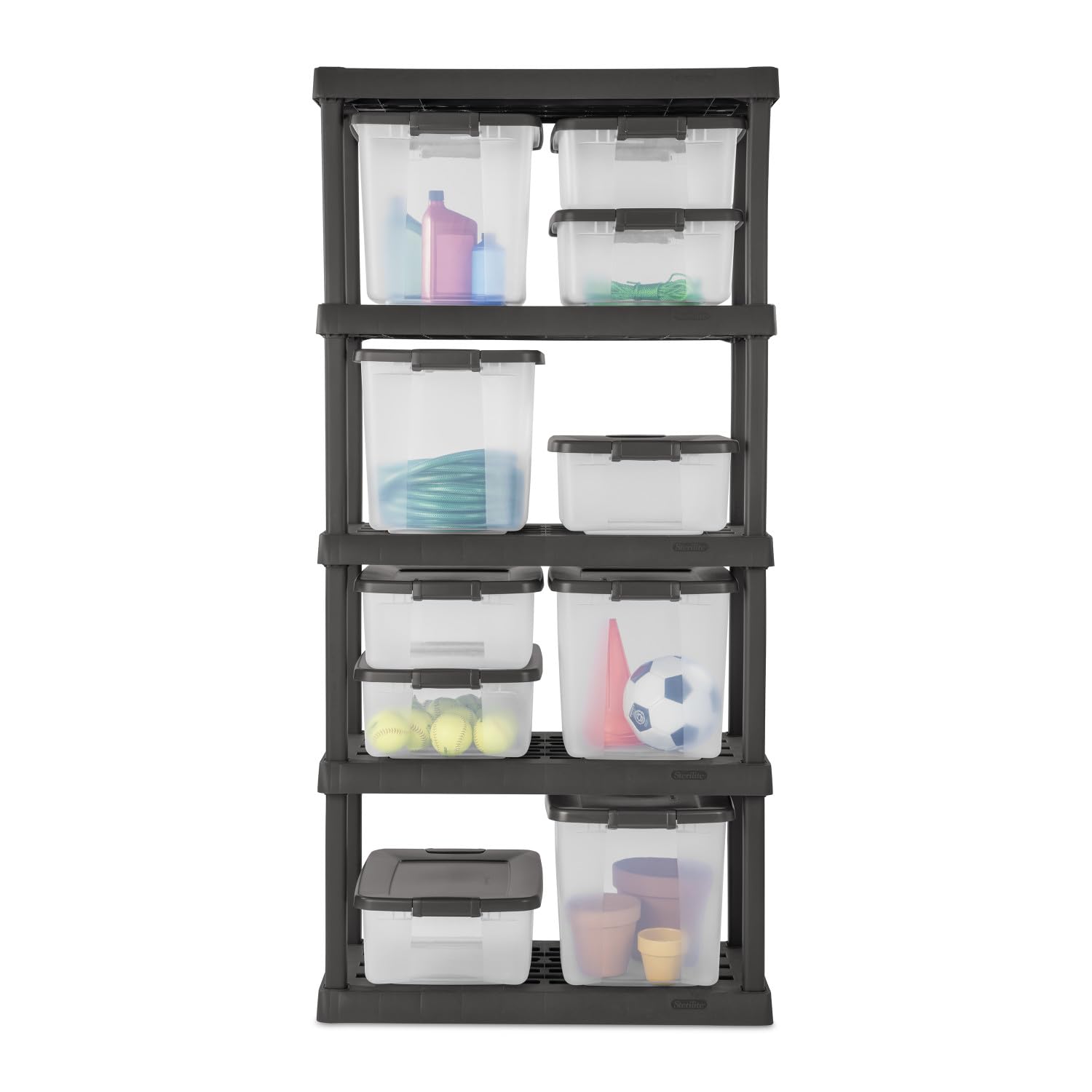 Sterilite 19376406 50-Quart Storage Bins with Lids - 6-Pack Stackable Shelf Totes in Driftwood & Platinum for Home Organization, Closet, Garage, and Office Storage Solutions