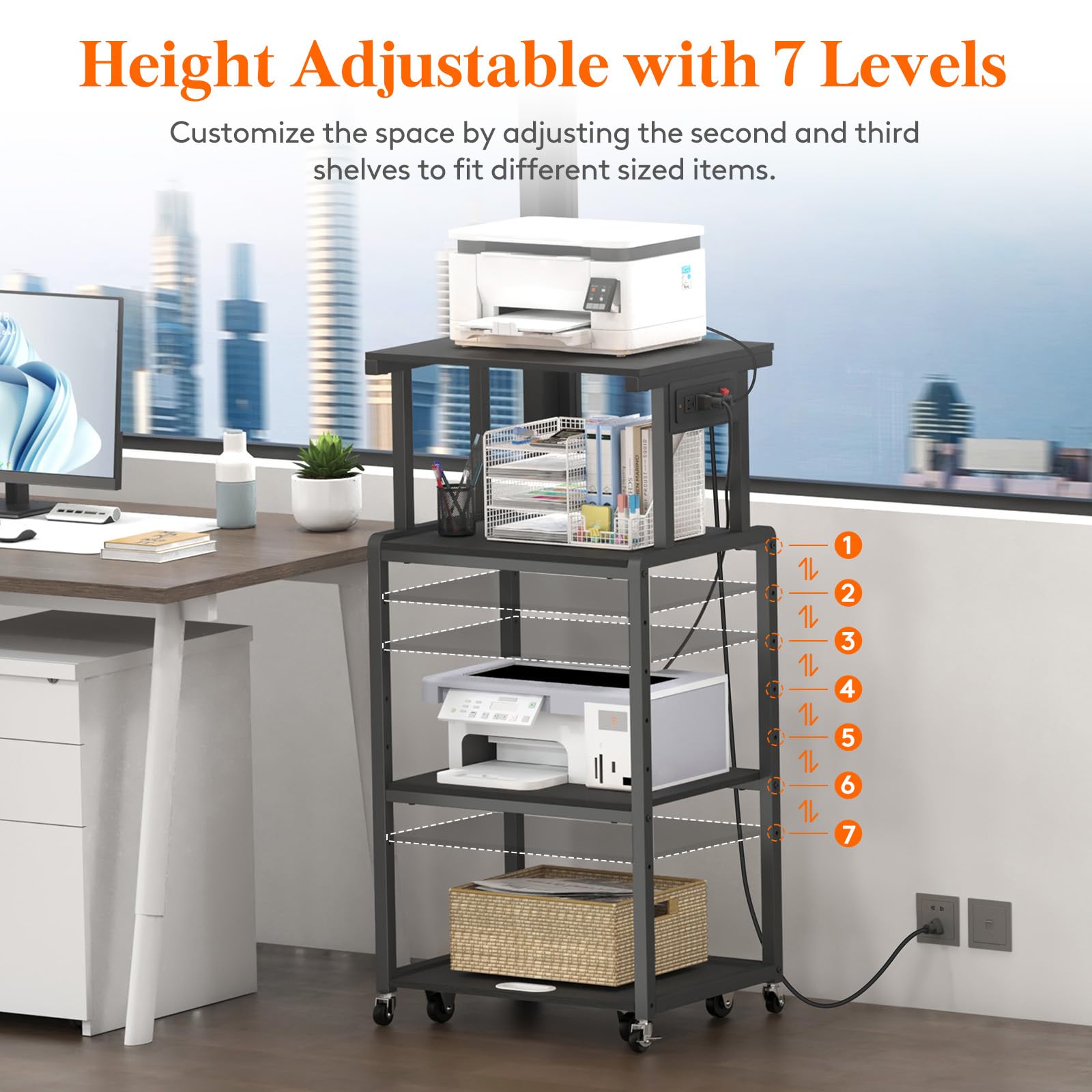 Lifewit 4-Tier Rolling Printer Stand with 3 Power Outlets, Adjustable Storage Shelf & Wheels - Mobile Office Cart for Printer, Scanner, Shredder, Fax Machine - Perfect for Home Office Organization & Workspace Storage (Black)
