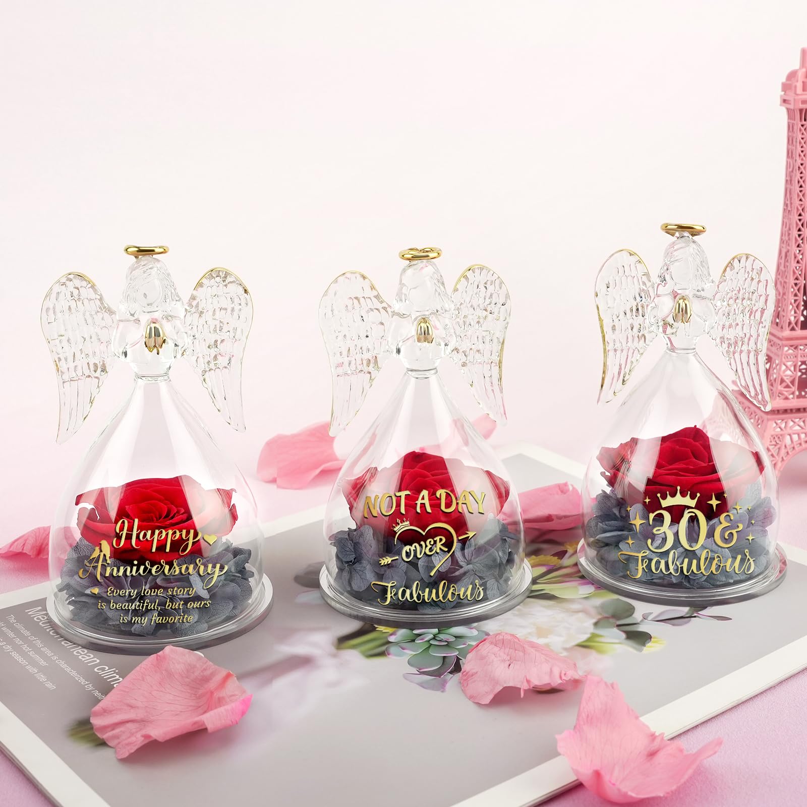 Yamonic Preserved Real Red Rose Glass Angel Figurine - Unique Gift for Women, Mom, Sister, Wife, Best Friend, Coworker or Teacher - Perfect for Birthdays, Anniversaries, Valentine's Day & Home Decor