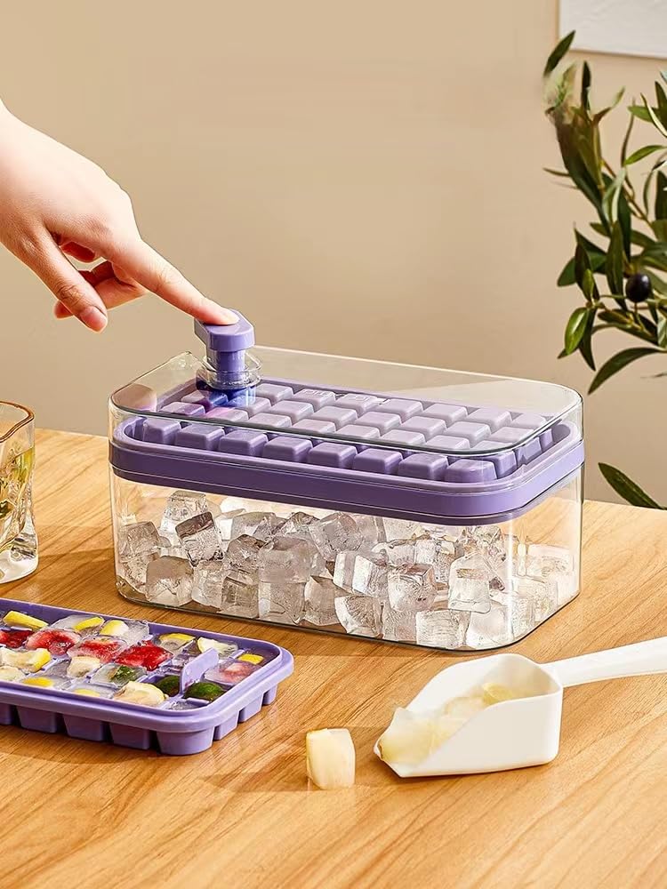 2 Pack Purple Ice Cube Tray Set with Lid & Storage Bin - 64 Ice Cube Molds for Perfect Cocktails, Smoothies & Party Drinks - BPA Free Freezer Tray for Home, Bar & Office Use