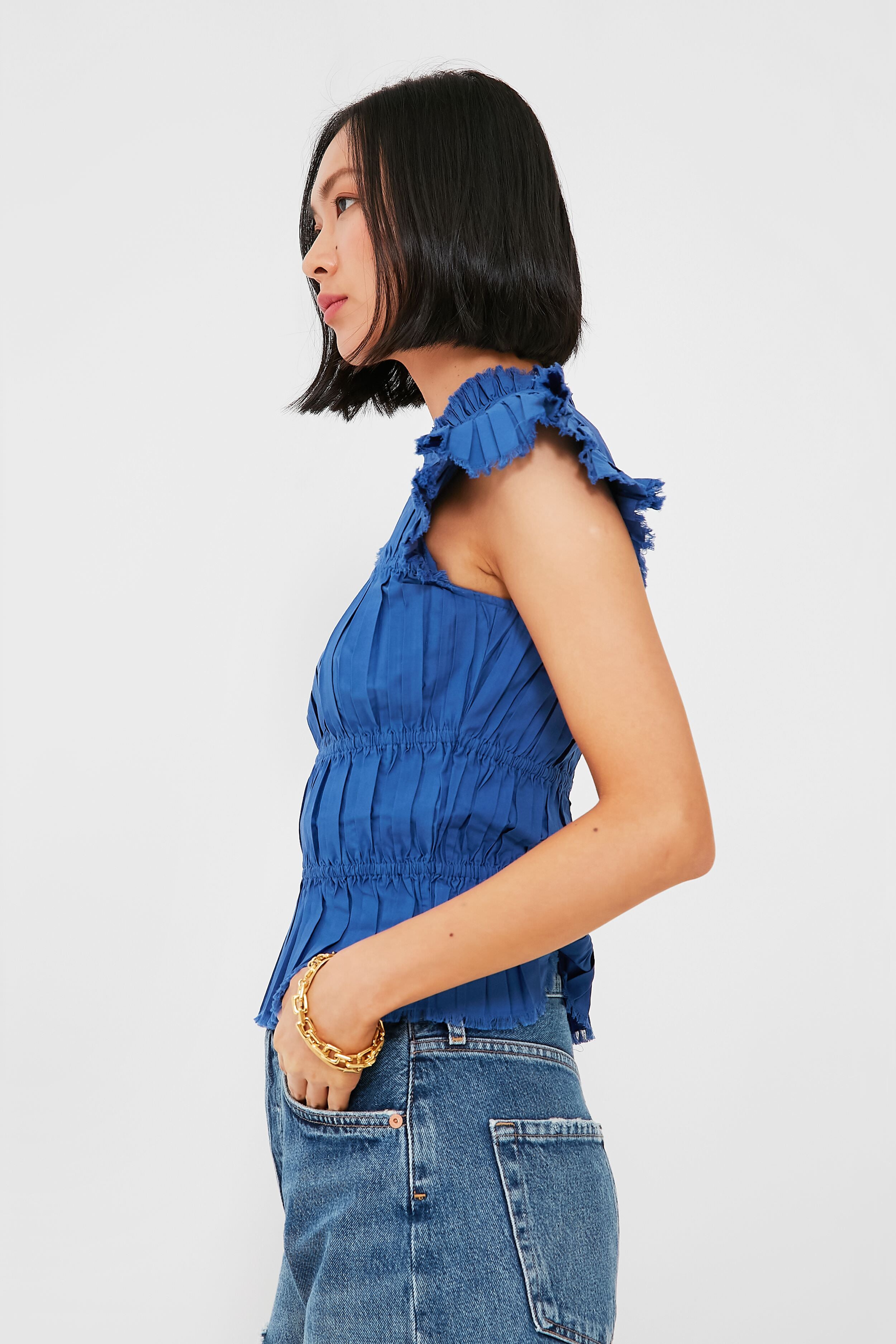 Blue Greir Pleating Flutter Sleeve Top for Women | Elegant Blouse for Casual Wear, Office & Date Night Outfits