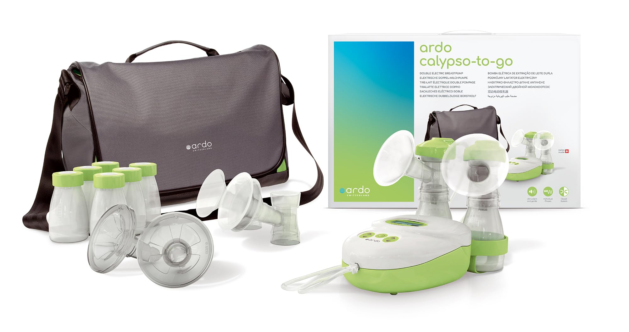 Ardo Calypso-to-Go Double Electric Breast Pump - Ultra Quiet Swiss Made Hospital Grade Breastfeeding Pump with 64 Adjustable Settings, Closed System, Includes Bottles, Breast Shells & Travel Bag - Perfect for Working Moms, Travel & On-the-Go Pumping