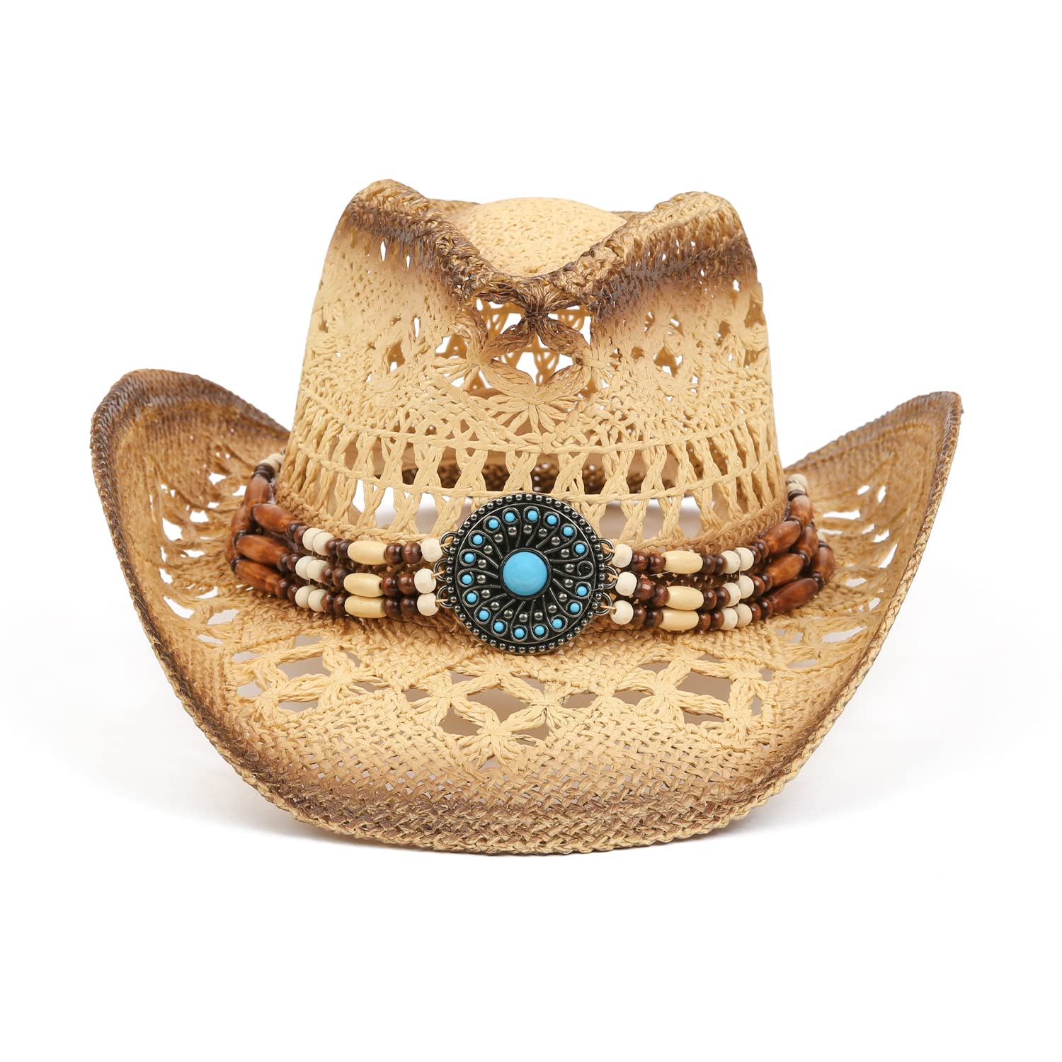 TOVOSO Adjustable Straw Cowboy Hat for Women & Men - Western Style Sun Hat with Shape-It Brim - Orange Beaded Design & Tea Stain Finish - Perfect for Rodeo, Music Festivals & Summer Outdoor Activities