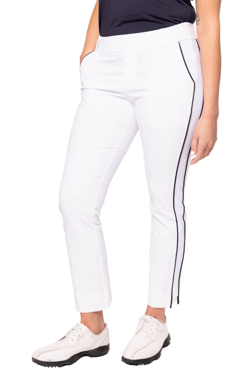 Women's White & Navy Stretch Ankle Pants - Comfortable Slim Fit Work Pants for Office, Travel & Casual Wear