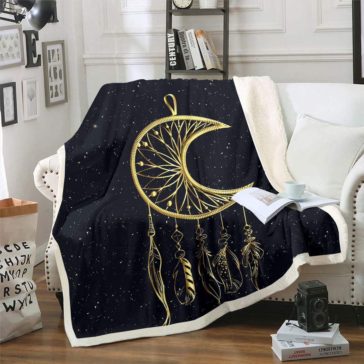 Bohemian Dreamcatcher Fleece Throw Blanket - Black & Gold Sherpa Plush Blanket 60x80 Inches for Twin Bed, Couch & Sofa - Luxury Boho Decor for Bedroom, Nursery & Living Room - Soft Fuzzy Blanket for Adults & Kids - Perfect for Cozy Nights, Movie Time & Home Decor
