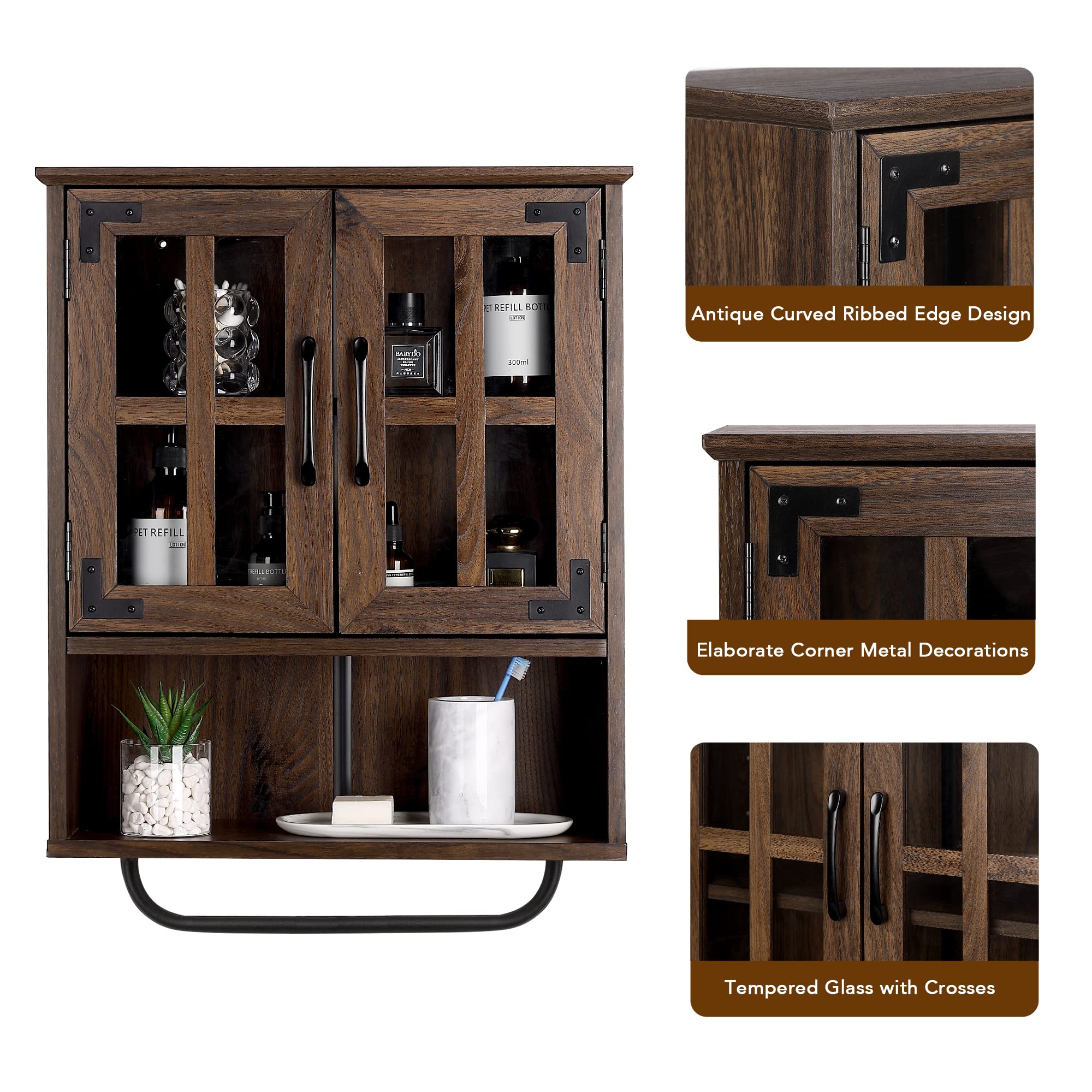 RUSTOWN Wood Wall Storage Cabinet with Cross Glass Doors - Farmhouse Wall Mounted 3 Tier Rustic Cabinet with Adjustable Shelves & Towel Bar - Dark Walnut - Perfect for Bathroom, Living Room, Kitchen & Entryway Organization