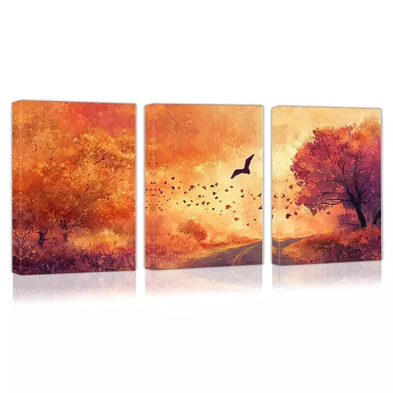 3-Piece Vibrant Autumn Path, Trees & Bats Wall Art Set - Framed Canvas 40x60cm - High Quality Print - 100% Australian Made - Ready to Hang - Perfect for Living Room, Bedroom & Office Decor