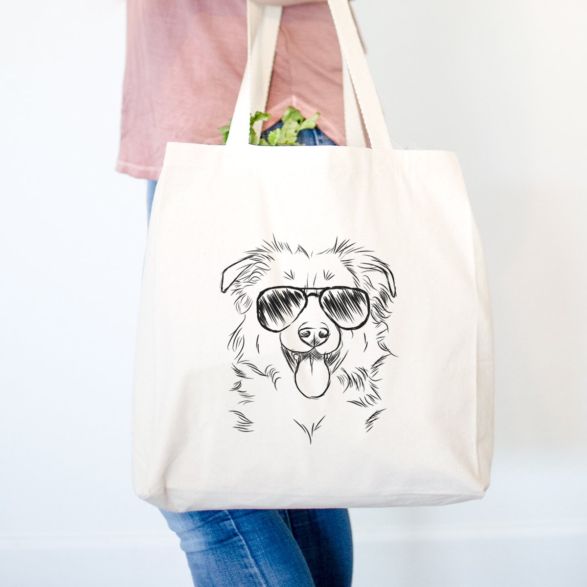Tucker the Aviator Collie Shepherd Heavy Duty 100% Cotton Canvas Tote Bag - Reusable Grocery Shopping Bag (14.75