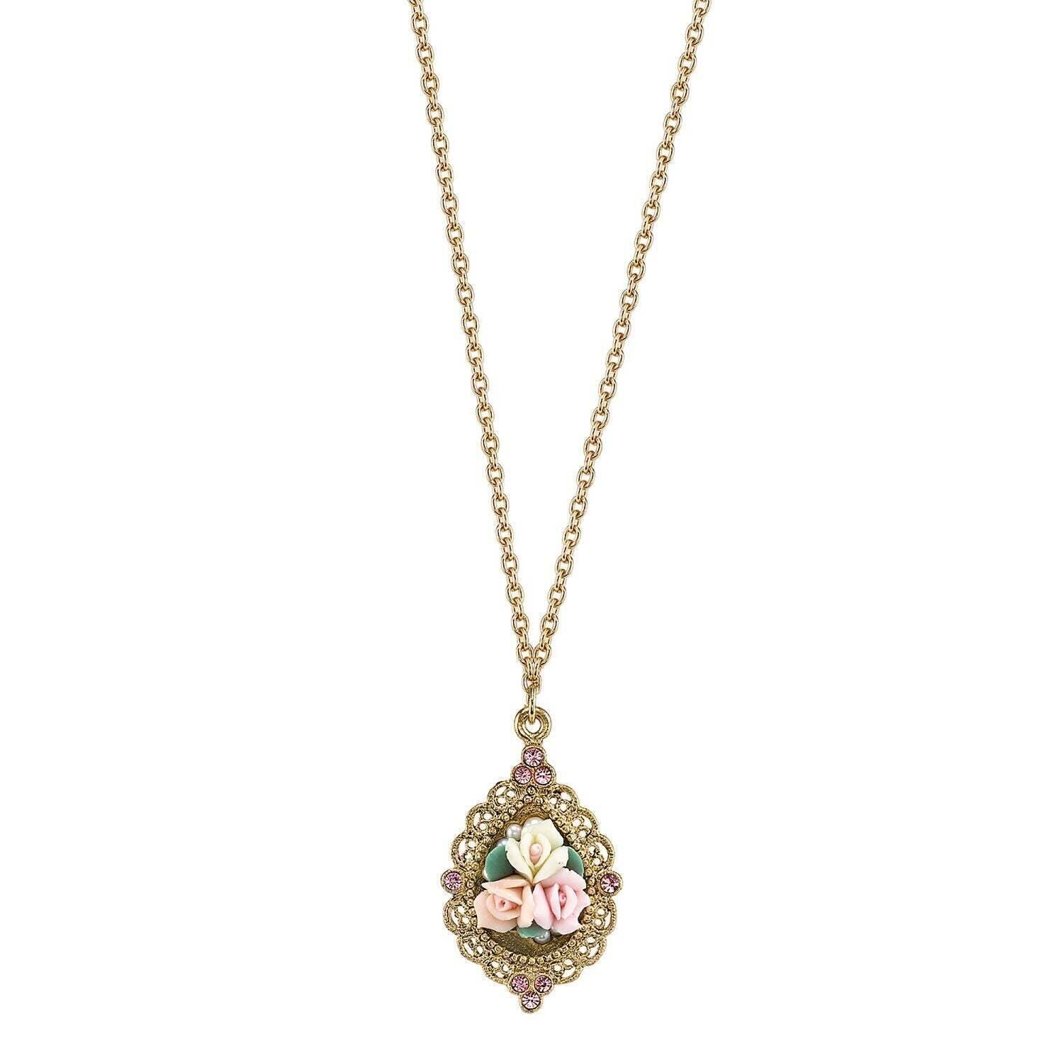 1928 Vintage Bridal Pink Crystal & Ivory Porcelain Rose Pendant Necklace with 16