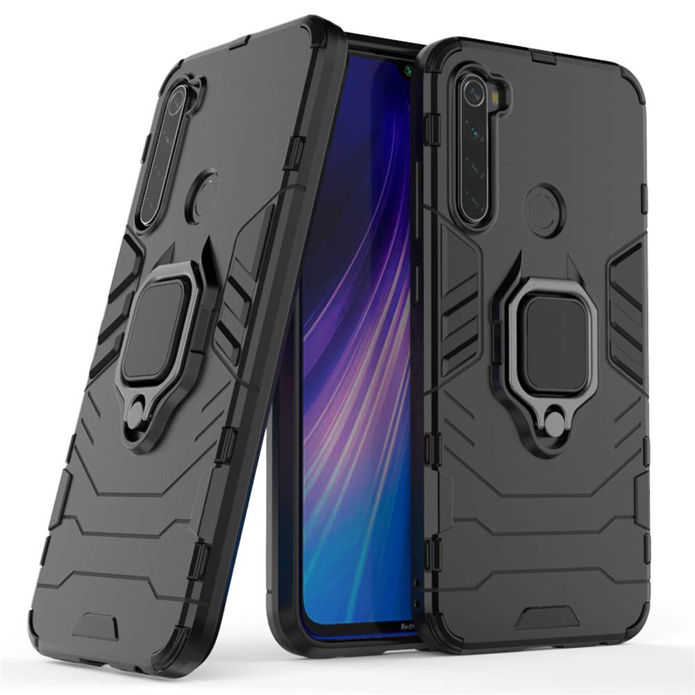 LuluMain Shockproof Rugged Case for Xiaomi Redmi Note 8 - Dual Layer Hard Bumper with Metal Ring Grip & Kickstand | Compatible with Magnetic Car Mount | Perfect for Outdoor Activities, Work & Travel (Black)