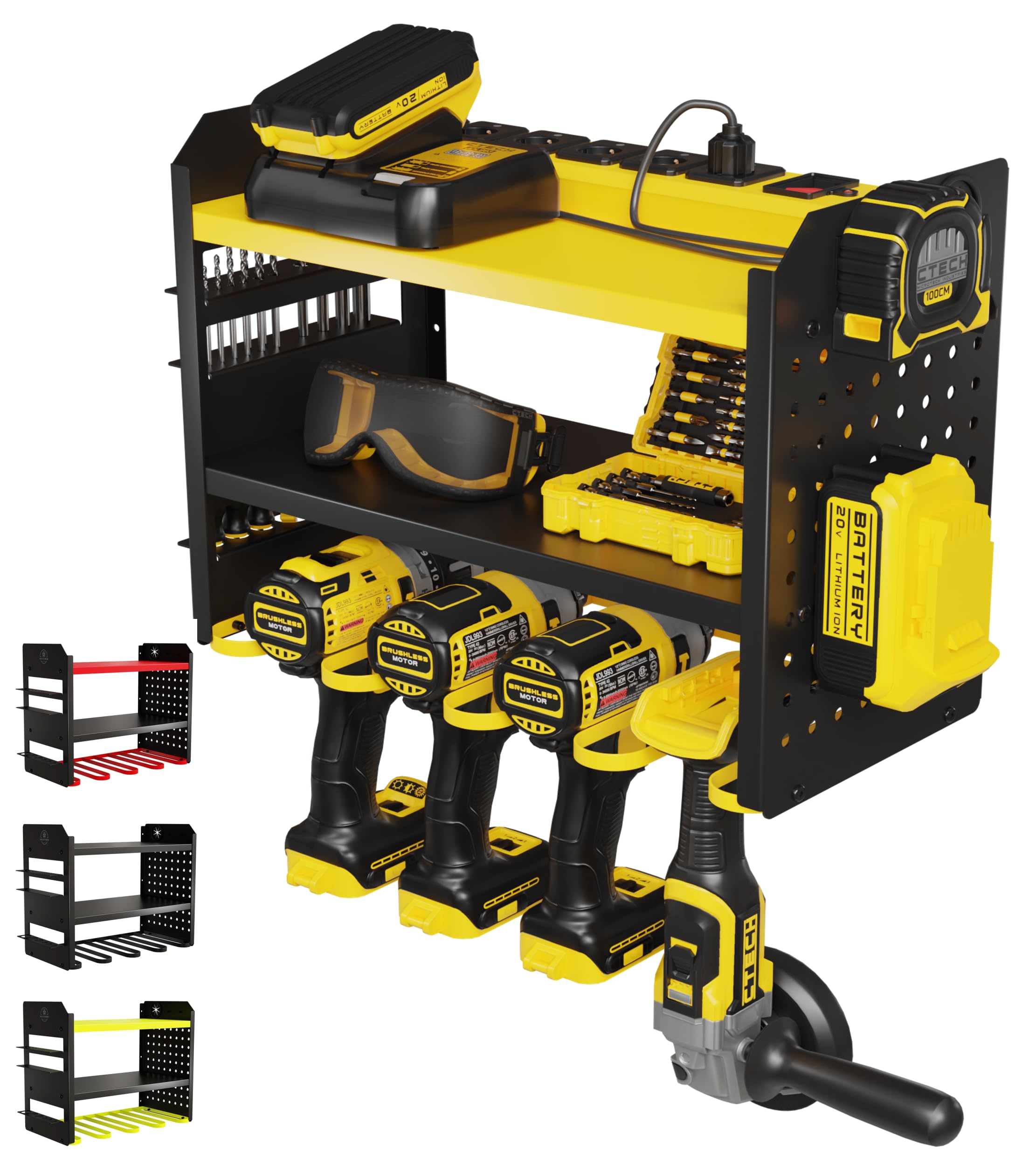 Heavy-Duty 3-Tier Metal Power Tool Organizer Wall Mount - Garage Storage Rack for Hand Tools, Drills & Pegboard Accessories - Yellow Utility Rack for Cordless Tools (Perfect for Workshop, Garage & DIY Projects)