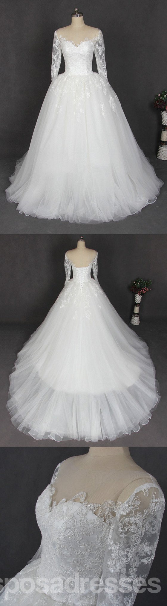 Elegant Long Sleeve Lace Off-Shoulder Tulle Wedding Dress - Custom Made Bridal Gown for Romantic Ceremonies & Formal Events | WD201