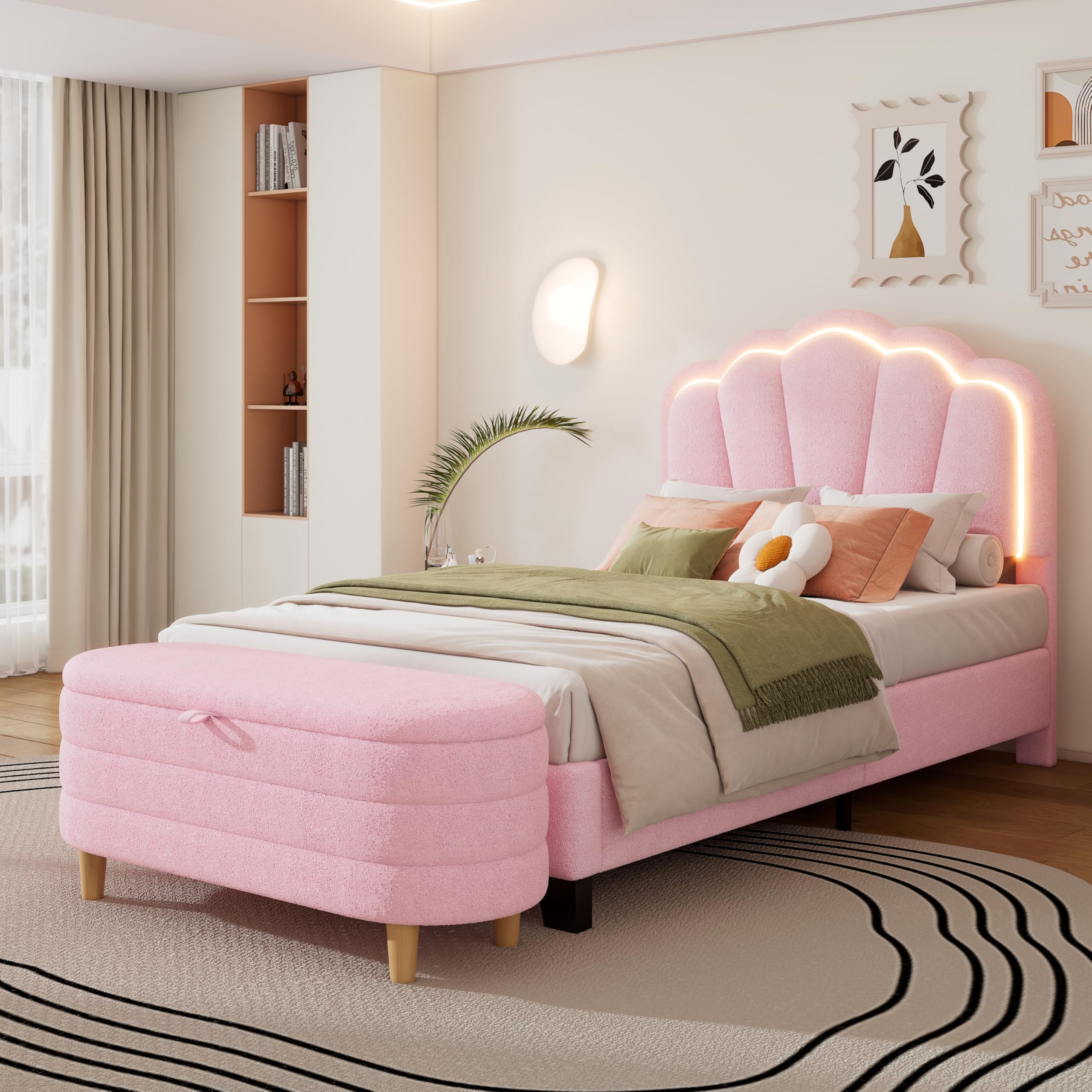 SOFTSEA Twin Size Upholstered Platform Bed with LED Lights & Storage Ottoman - 2 Piece Pink Bedroom Furniture Set for Girls, Teens & Small Spaces | Modern Bed Frame with Underbed Storage & Nightstand Alternative | Perfect for Dorm Rooms, Apartments & Cozy Bedroom Decor